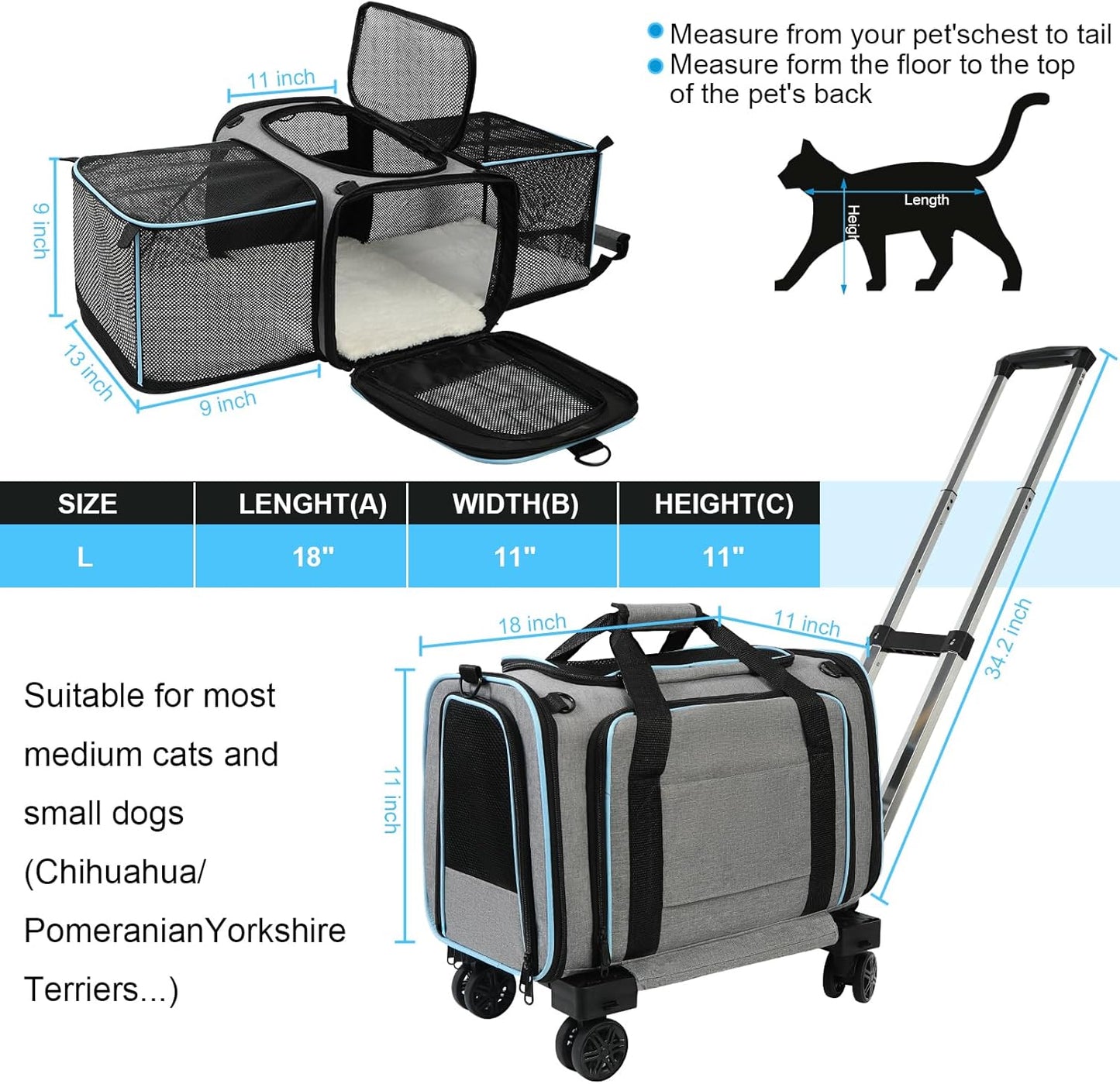 Pet Carrier Airline Approved, Expandable Pet Cat Carriers with Wheels for Dogs, Airline Approved Cat Dog Carrier, TSA Approved Pet Carrier in Cabin, Pet Dog Cat Carrier Soft, Cat Travel Carrier(Grey)