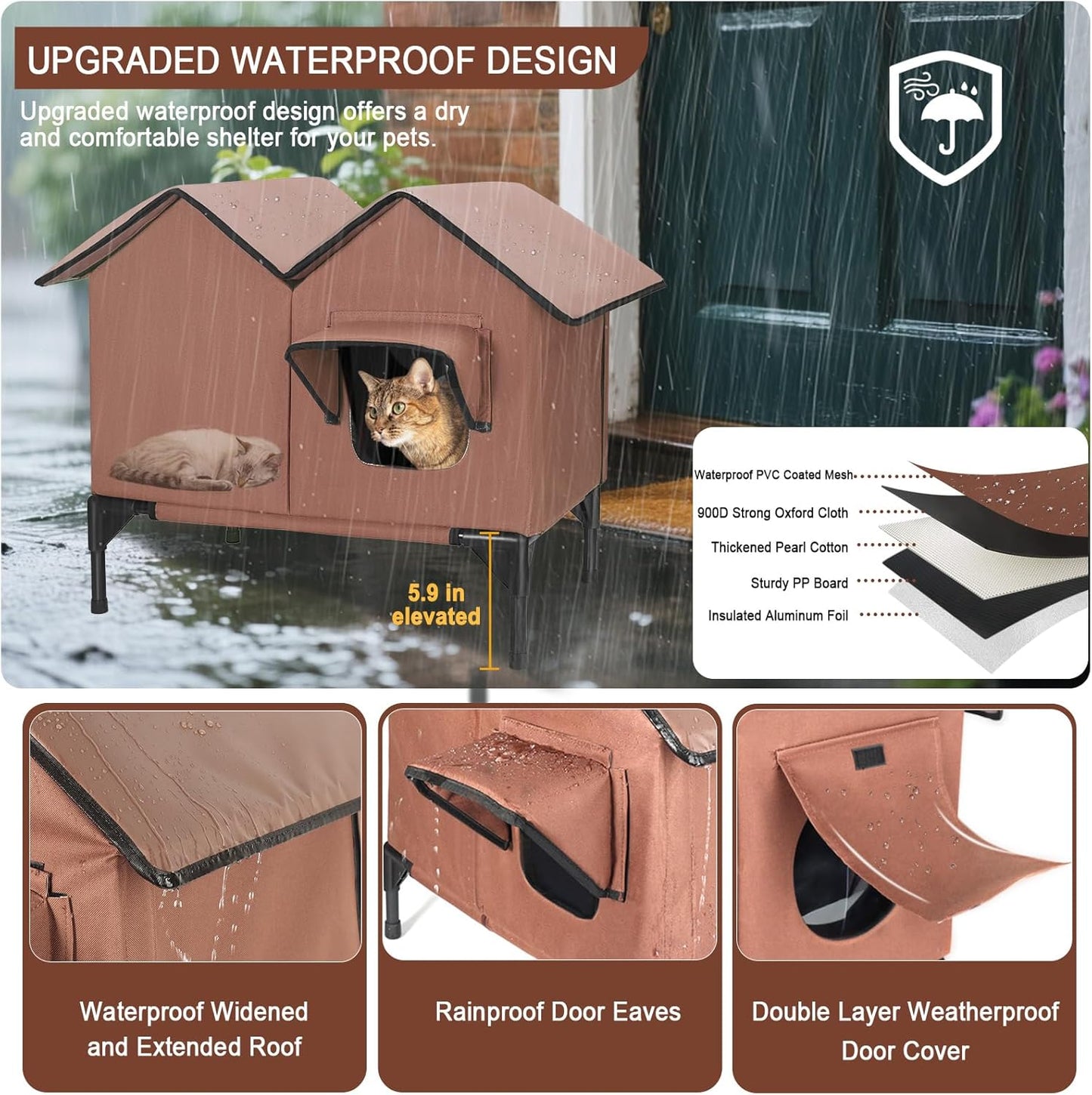 Heated Cat House for Outside Winter, Large Heated Outdoor Cat House Weatherproof, Elevated Bed, Escape Door, Insulated Outdoor Cat Shelter with Heater for Multiple Cats Feral Stray Kitty, Easy Setup