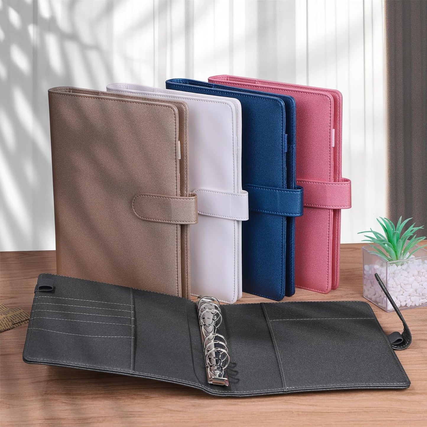 Antner A5 Binder 6 Ring Refillable Notebook Budget Planner Cover for Cash Organizer, PU Leather Loose Leaf Photocard Holder Aesthetic Binder with Magnetic Buckle for A5 Planner Inserts, Glitter Black