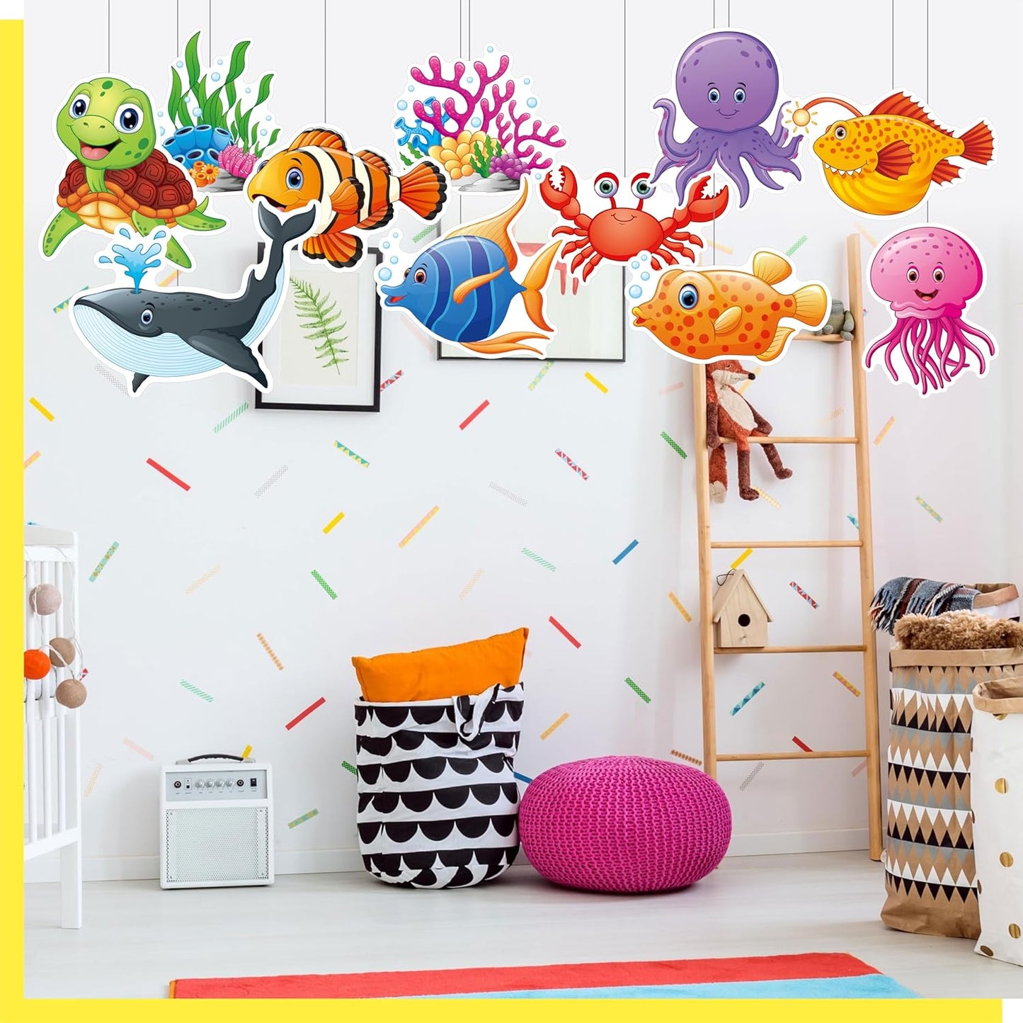 50 PCS Marine Animal Cutouts, Double-Sided Printing Ocean Creature Accents Cut-Outs, Fish & Coral Bulletin Board Classroom Decoration, Under The Sea Themed Party Supplies for Kids Students