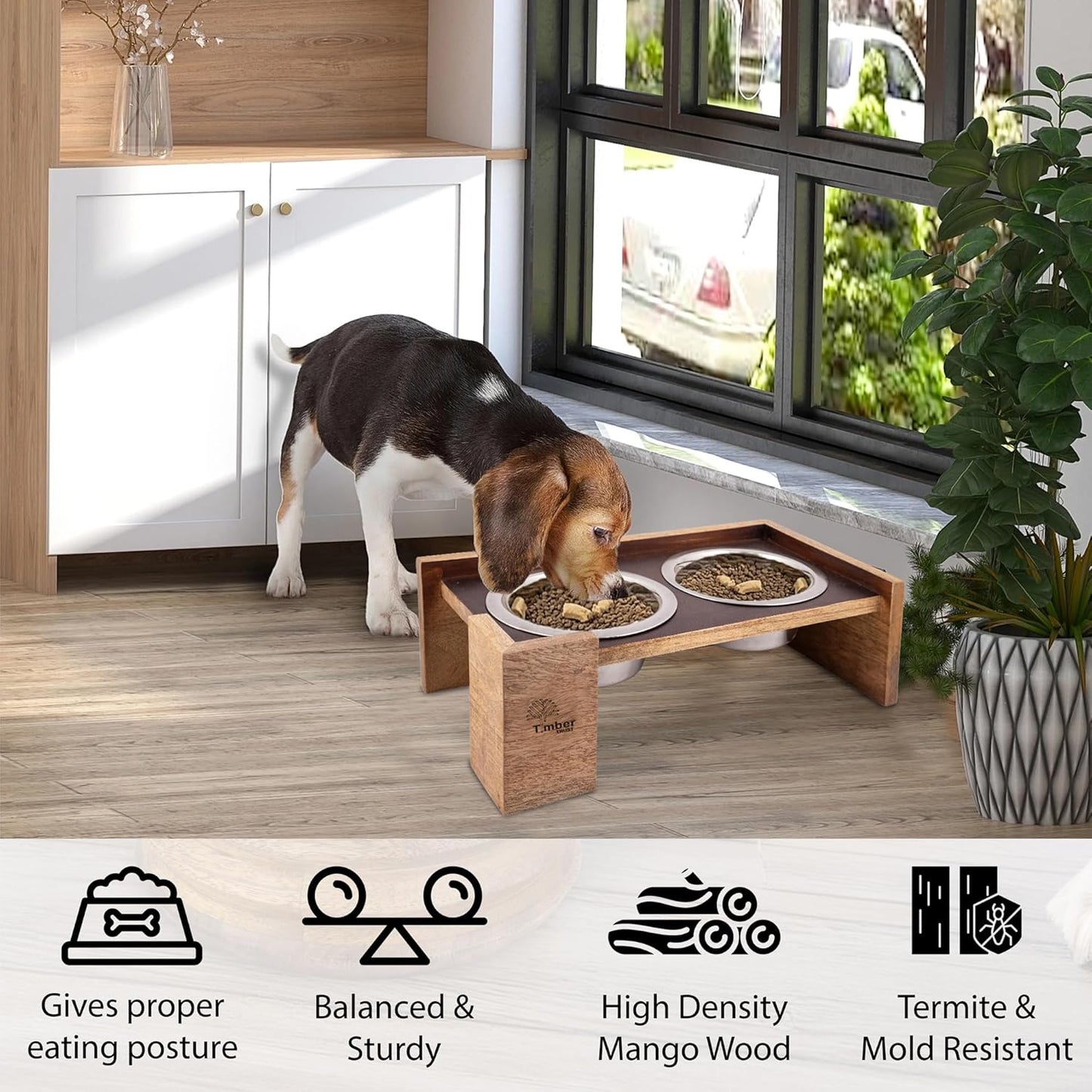 Elevated Dog Food and Water Bowls – Rustic Wood Stand with 2 Stainless Steel Bowls, 5-Inch Raised Pet Feeder, Durable Non-Slip Double Bowl Set for Medium & Large Dogs, Easy to Clean – (49.4 Oz Each)