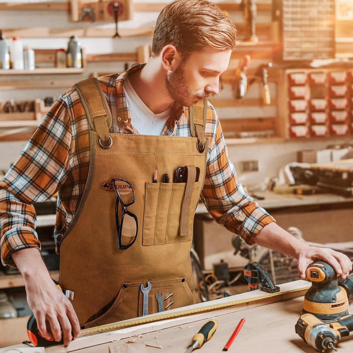 Woodworking Apron for Men, Shop Apron 20 oz Canvas Work Apron with 9 Tool Pockets, Heavy Duty Wood Working Workshop Bib Apron for Carpenter Woodworker Blacksmith, Men Gift, Adjustable to S- 3XL, Khaki