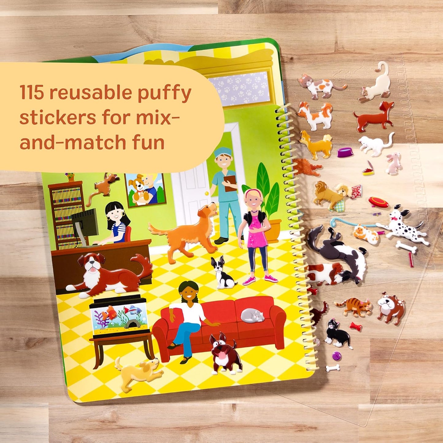 Melissa & Doug Pet Place Puffy Sticker Activity Book – 115 Reusable Stickers with 10 Background Scenes, Pet-Themed Mess Free Travel Toys for Kids Ages 4+ - FSC Certified