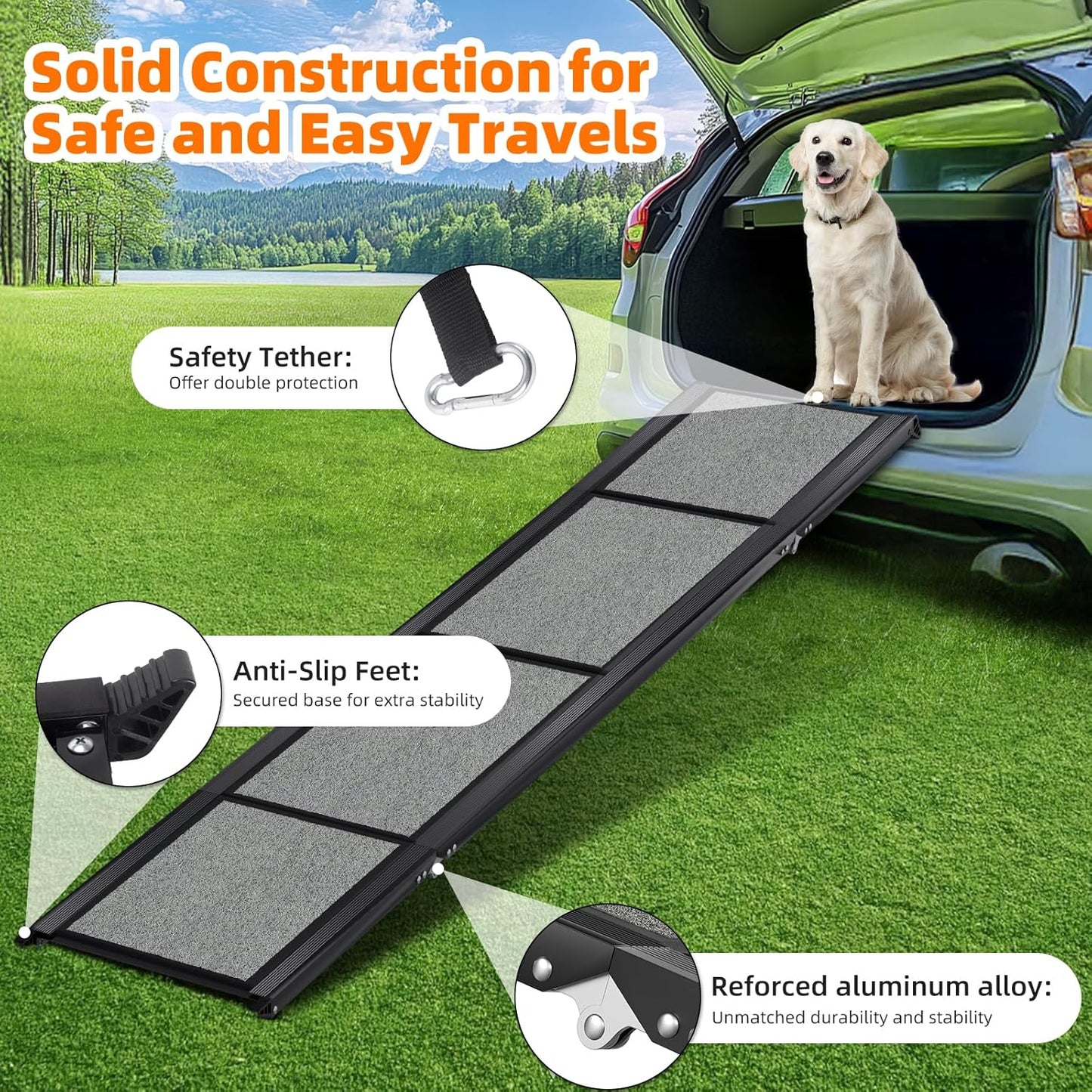 Dog Ramp for Car 71"x 20" Large DogFolding Pet Stair Ramp for Truck, SUV, with Non-Slip Surface, Up to 250LBS, Portable PetSteps