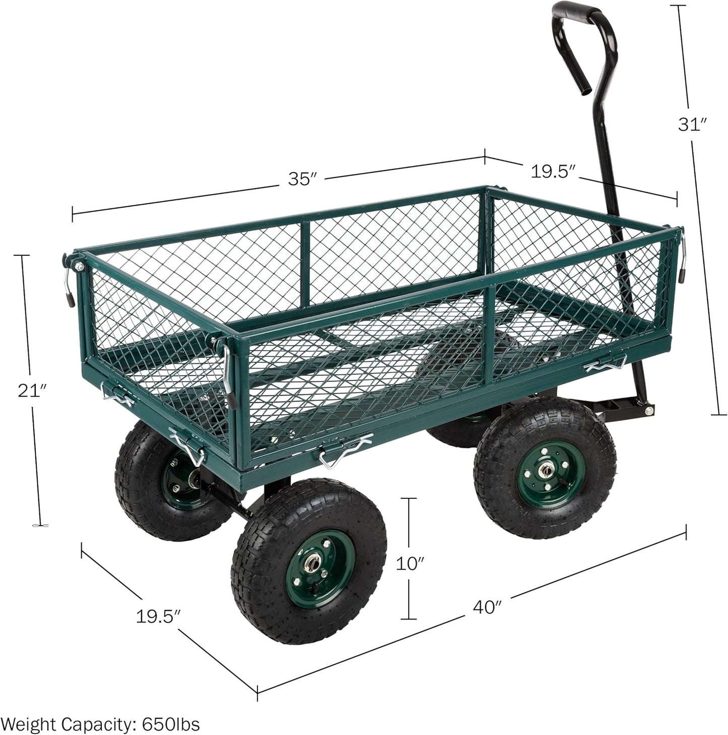Garden Cart - Rolling Wagon Cart with 650lb Weight Capacity, All-Terrain Wheels, and Removable Sides - Garden Carts and Wagons by Pure Garden (Green)
