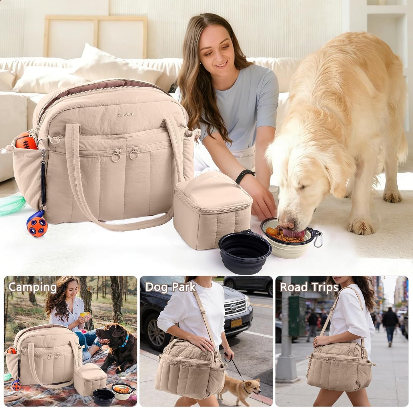 Dog Travel Bag for Supplies, Airline Approved Pet Travel Organizer with 2 Food Containers & Collapsible Bowls, Large Capacity Dogs Tote Bag for Weekend, Stylish Dog Mom Gift for Pet Lovers