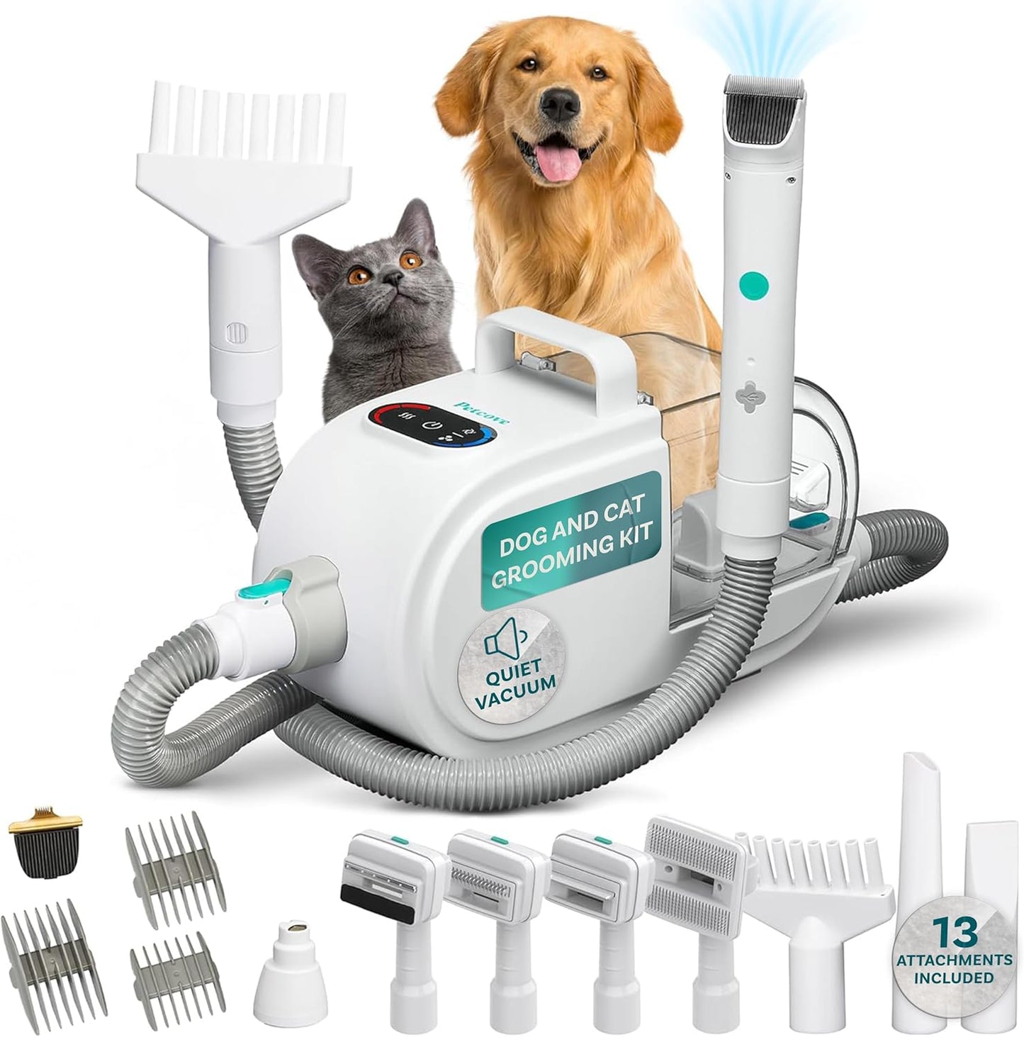 PetCove Dog Grooming Kit – Pet Clippers, Nail Grinder & Blow Dryer with Quiet 3-Speed Suction, 3 Heat Settings, 2.6L Dog Hair Vacuum Dust Bin, HEPA System, Self-Cleaning Brushes