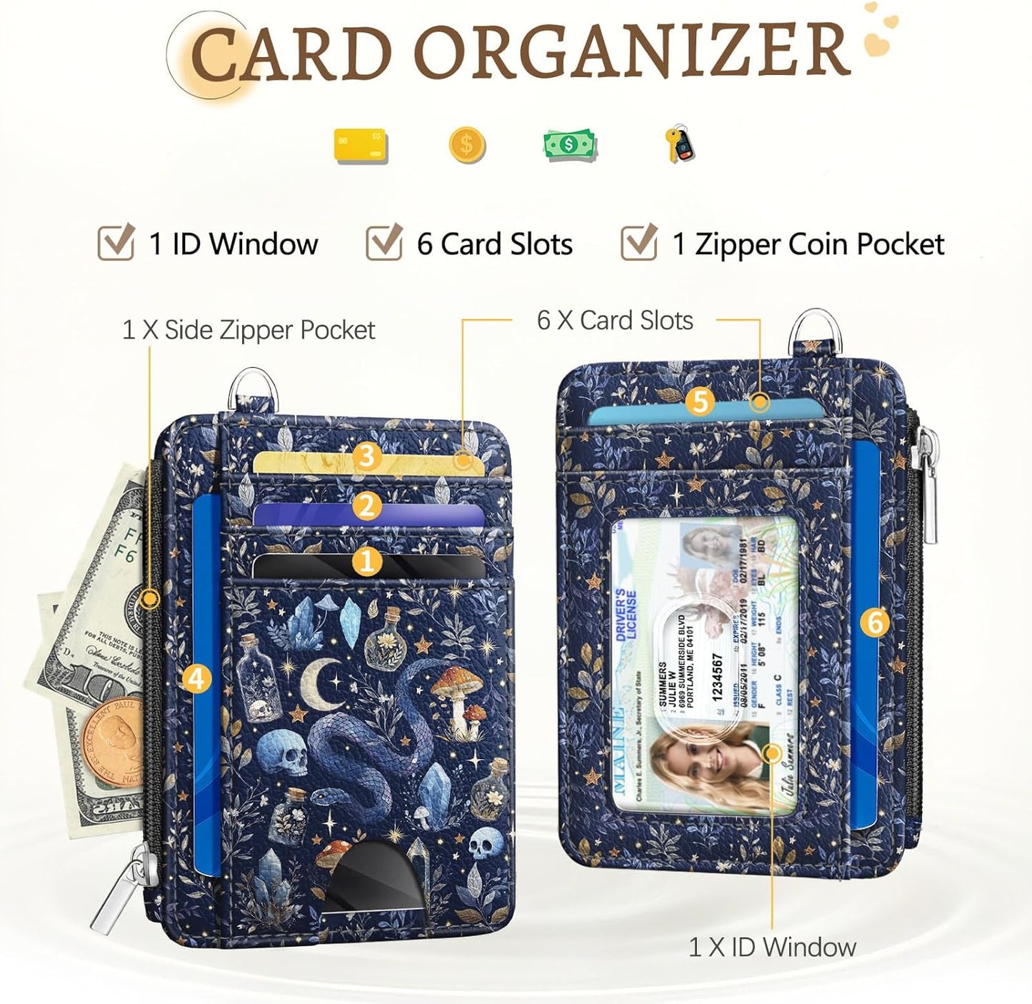 Goth Mushroom Credit Card Holder Slim Wallet Women，Witchy Skull Gothic Night RFID Blocking Small Wallet Woman Keychain with Zipper Coin Pocket, Front Pocket Thin Travel Ladies Card Case with ID Window