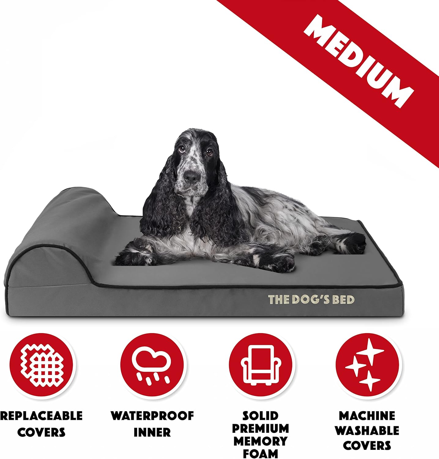 The Dog’s Bed Orthopedic Memory Foam Dog Bed with Headrest, Oxford Fabric,Grey with Black Trim, Medium, 3-Inch