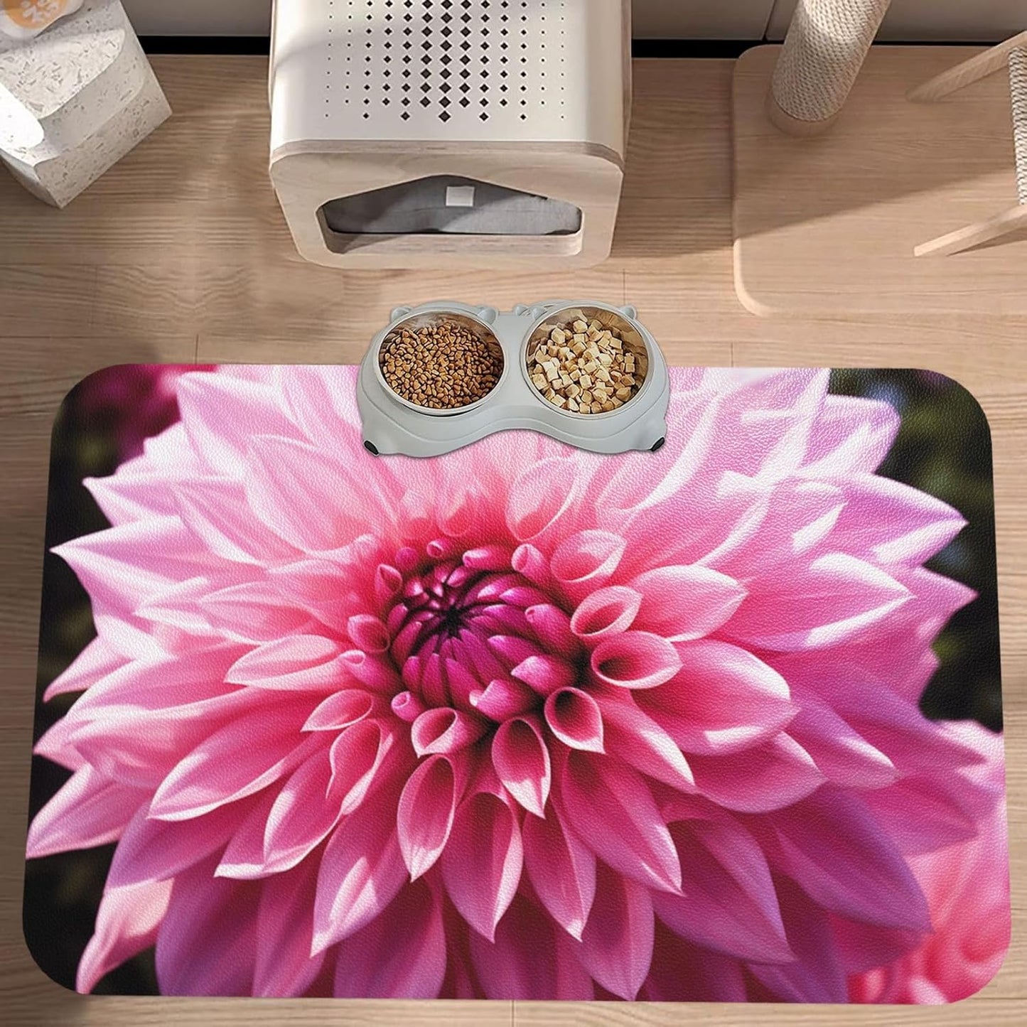 Pet Feeding Mat Leather Dog Food Mat Waterproof Pet Tablecloth Floral Dahlia Flower Pet Placemat for Dogs Absorbent Dog Bowl Mat Anti-Slip Dogs Mats for Food and Water