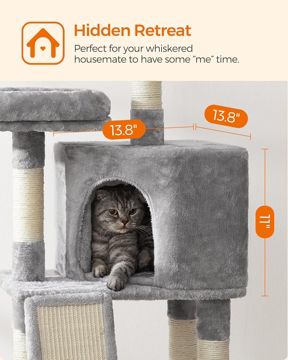 Feandrea Cat Tree, 45.3-Inch Cat Tower, Plush Condo with Scratching Post, Ramp, Perch, Spacious Cave, for Small Space, Light Gray UPCT141W01