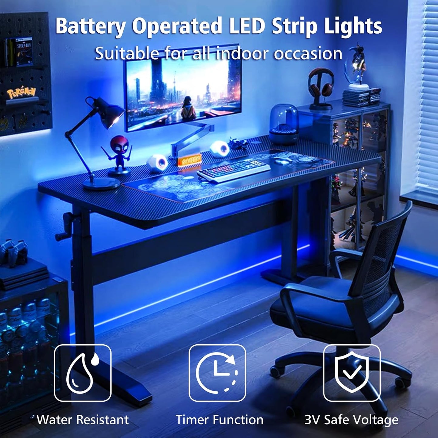 LED Strip Lights Battery Operated, 9.8ft 90 LED Strip Lights with Remote Controller Timer Dimmable, Waterproof Flexible Lights Strip for Indoor Outdoor TV Table Bedroom Boat Kitchen (Blue)