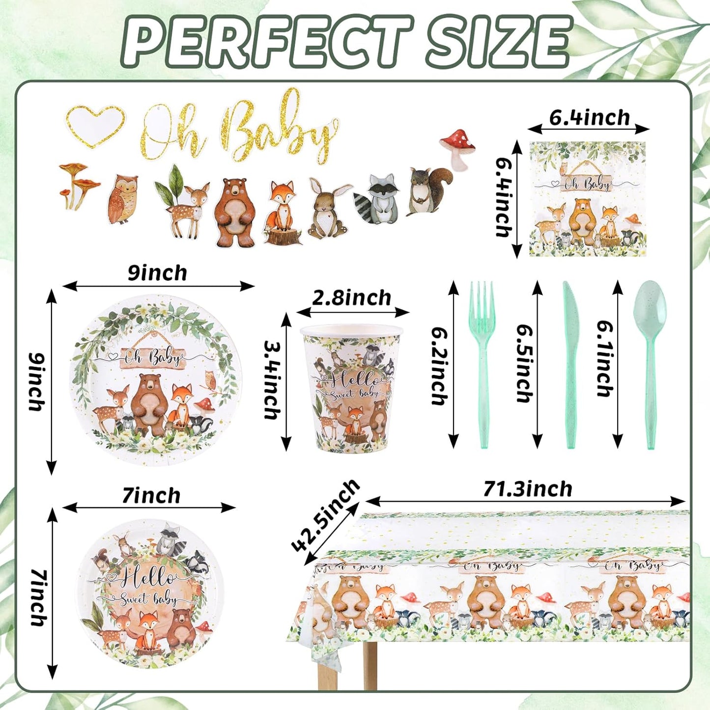 142PCS-Woodland-Baby-Shower-Party-Decorations for Boys Girls,Safari Jungle Wild Animal Tableware Set Serve 20,Party Supplies With Disposable Plates Napkin Cups Forks Knives Spoon Banner Tablecloth