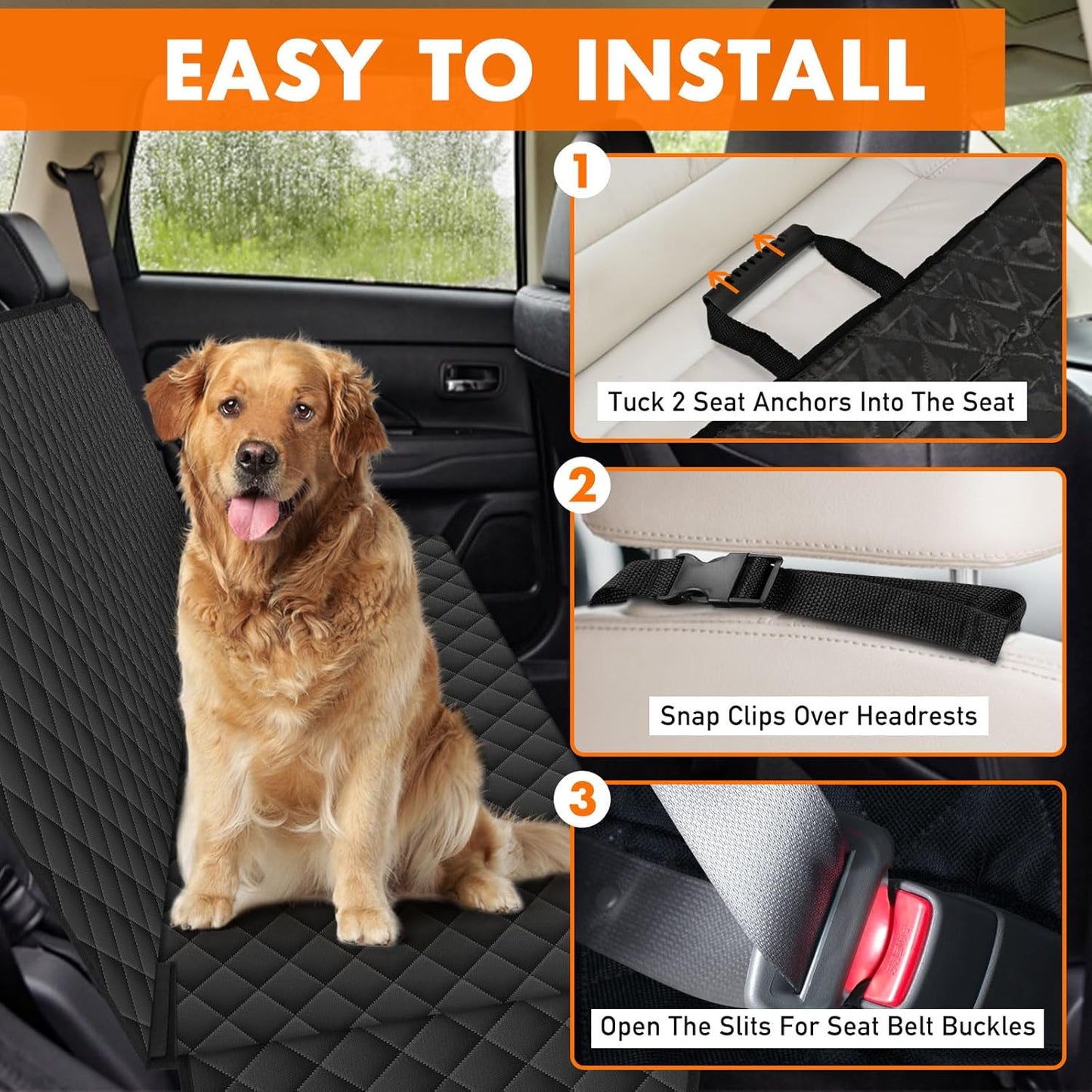 Backseat Cover for Dogs, Waterproof and Non-Slip Pet Bench Seat Covers, Car Seat Protector for Back Seat, Universal Size Rear Car Seat Cover Fits Cars, Trucks and SUVs, L-Black