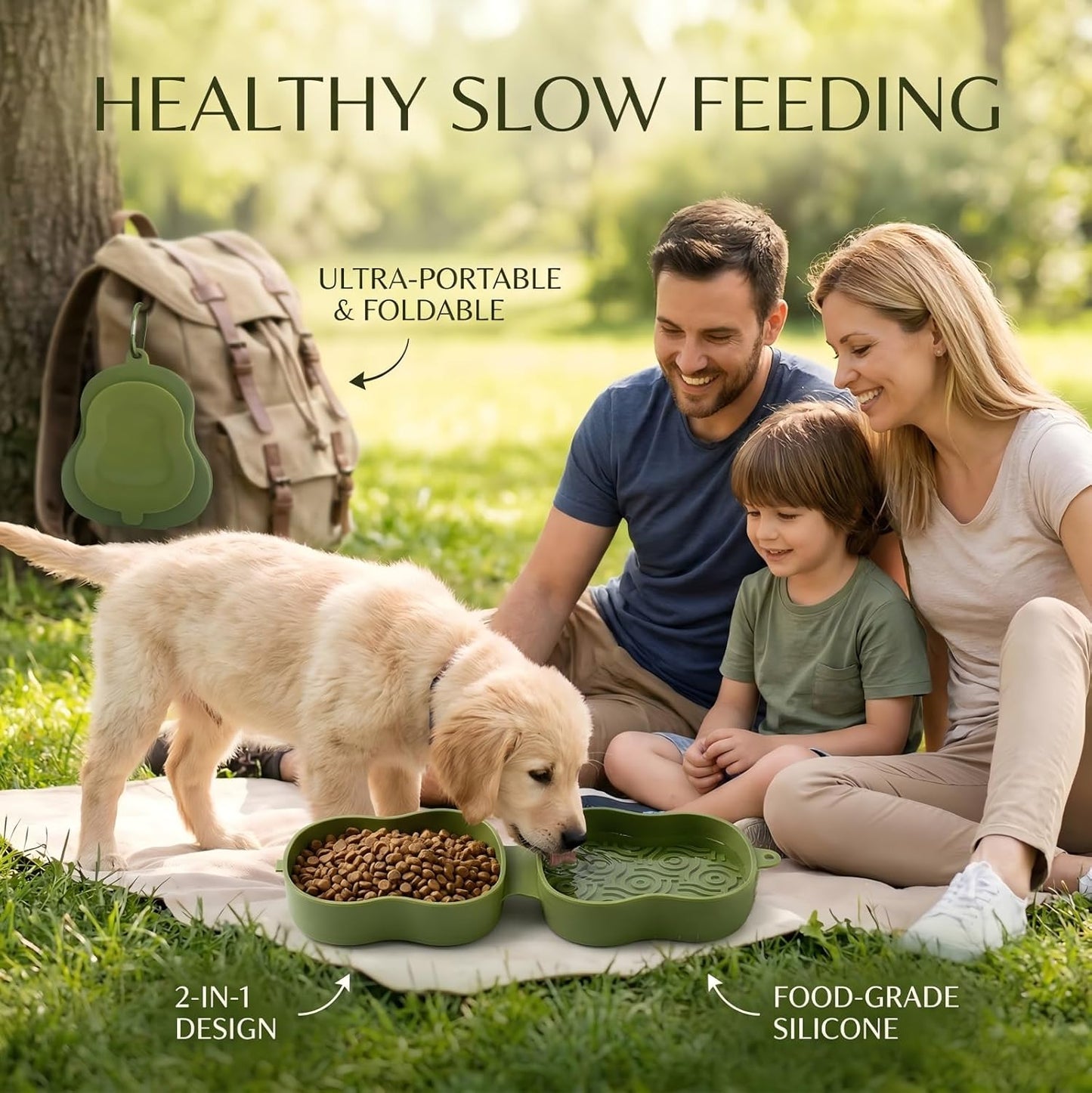 2-in-1 Collapsible Dog Travel Bowl, Portable Slow Feeder & Lick Mat Combo, Mess-Free Clamshell Design, BPA-Free Silicone Pet Food & Water Dish for Camping, Hiking & Anxiety Relief,(Bluish)