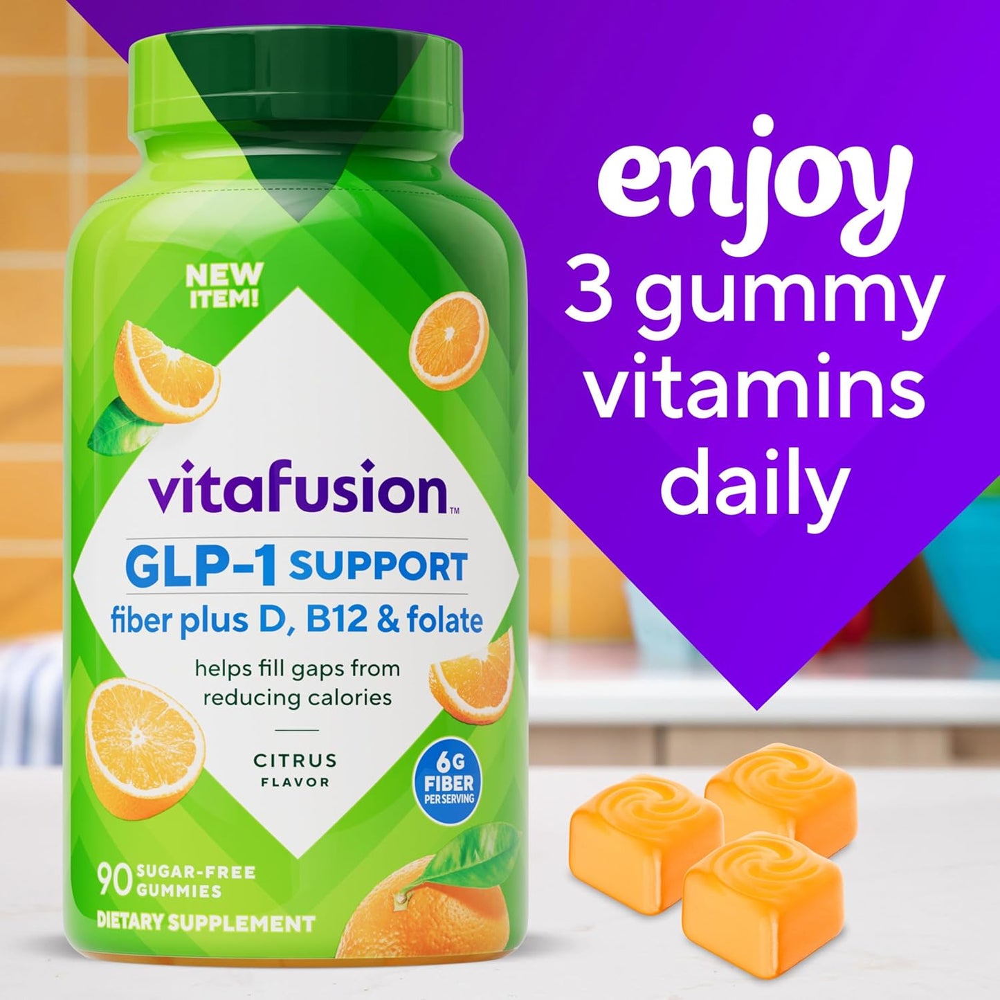 Vitafusion GLP-1 Support Fiber Plus Vitamins D, B12 and Folate Gummy Vitamins, Citrus Flavor, Sugar Free, 90 Count, 30 Day Supply