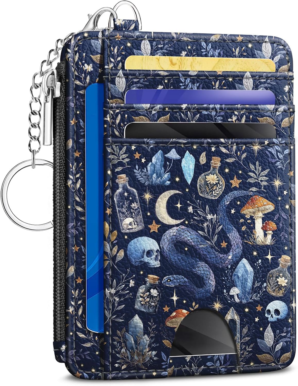 Goth Mushroom Credit Card Holder Slim Wallet Women，Witchy Skull Gothic Night RFID Blocking Small Wallet Woman Keychain with Zipper Coin Pocket, Front Pocket Thin Travel Ladies Card Case with ID Window