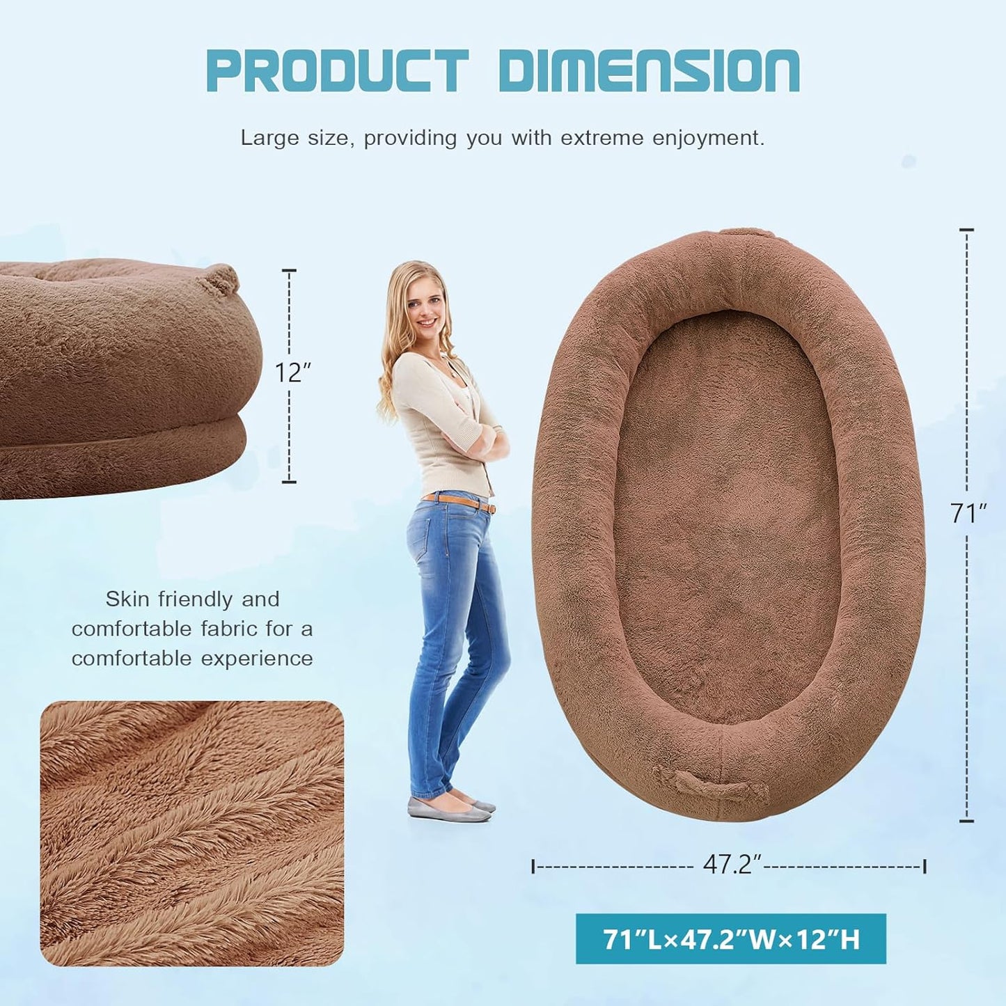SUNYRISY Large Human Dog Bed, 71" x 47.2" x 12", Washable Faux Fur Non-Slip Bottom Giant Bed for Adults and Large Dogs, Brown