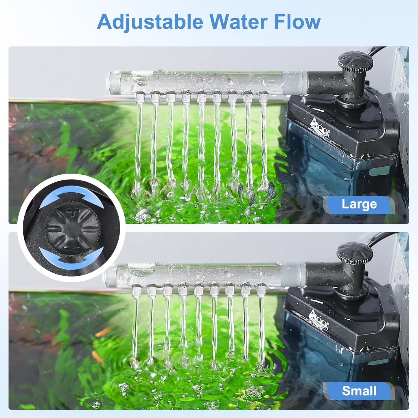 AQQA Internal Aquarium Filter - Submersible 20-40 Gallons Fish Tank Filters, Adjustable Wave Maker, Bottom Inlet Whisper Pump and Underwater Automatic Power Water Filter System for Freshwater (M)
