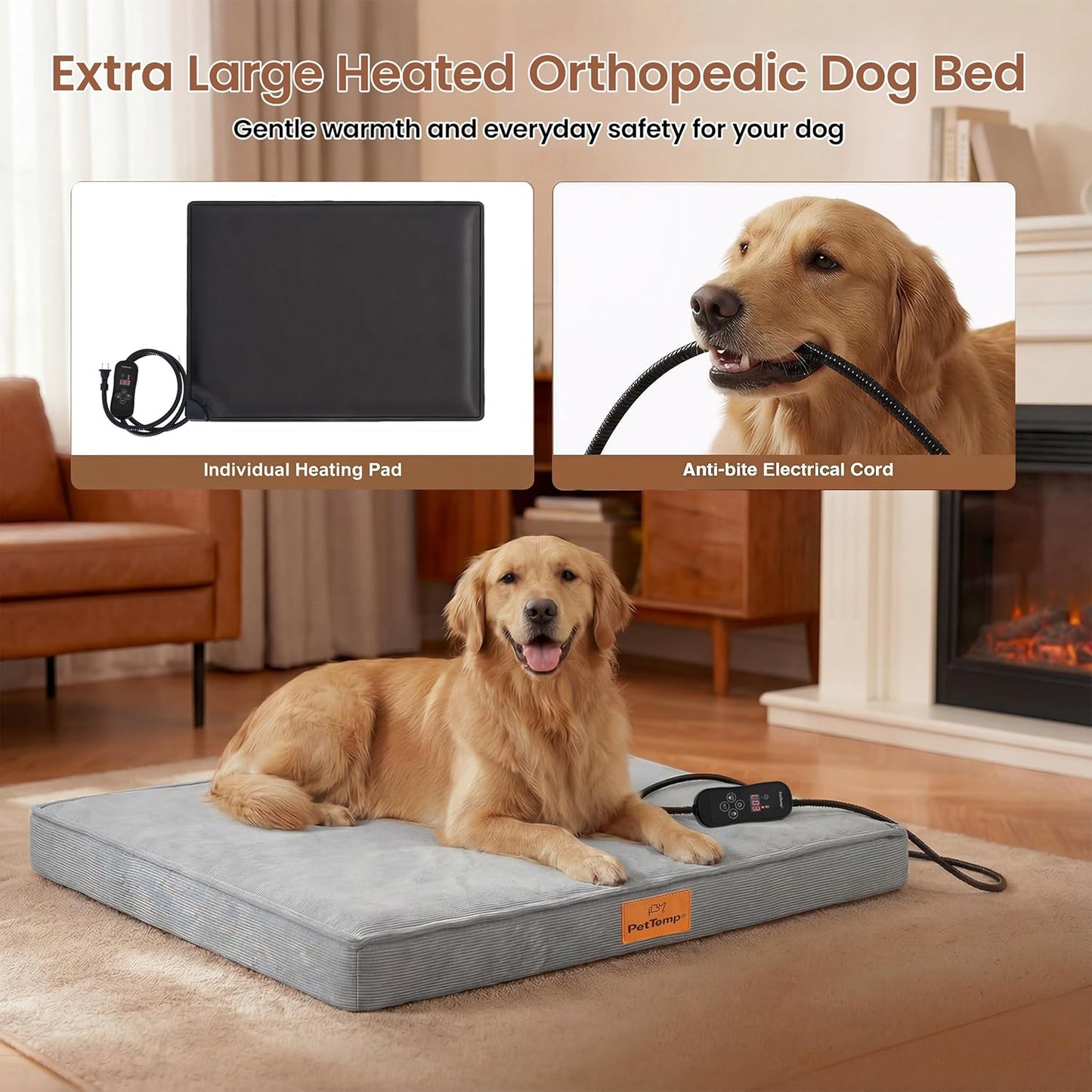 Extra Large Heated Dog Bed with Orthopedic Memory Foam, 4" Thick Beds for Large Sized Dog, 43.3 × 27.5 in Waterproof Sofa Dog Bed with Removable Heating Pad, Washable Cover & Non-Slip Bottom, 60W