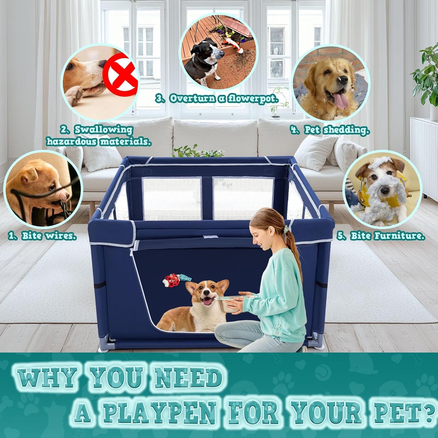 42x42 Inches Puppy Playpen with Gate, Dog Playpen for Puppies or Small Dogs, DogFence Pet Playpen for Indoor & Outdoor, Sturdy Safety DogPen with Thickened Fabric, High-Strength Nylon Wire Mesh