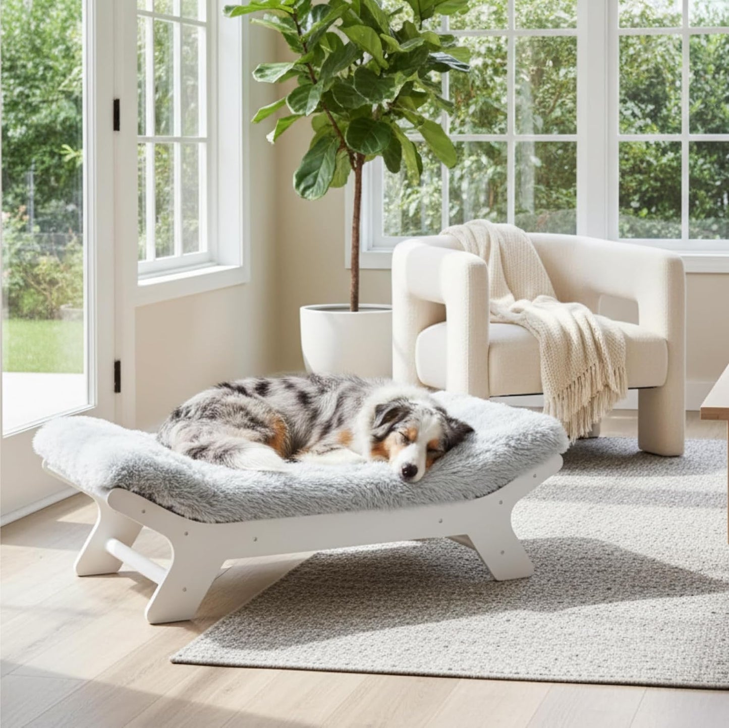Muihood Wood Elevated Dog Bed Frame and Egg Crate Foam Mattress, Luxurious Suitable for Pets Up to 95 lbs, White, XL