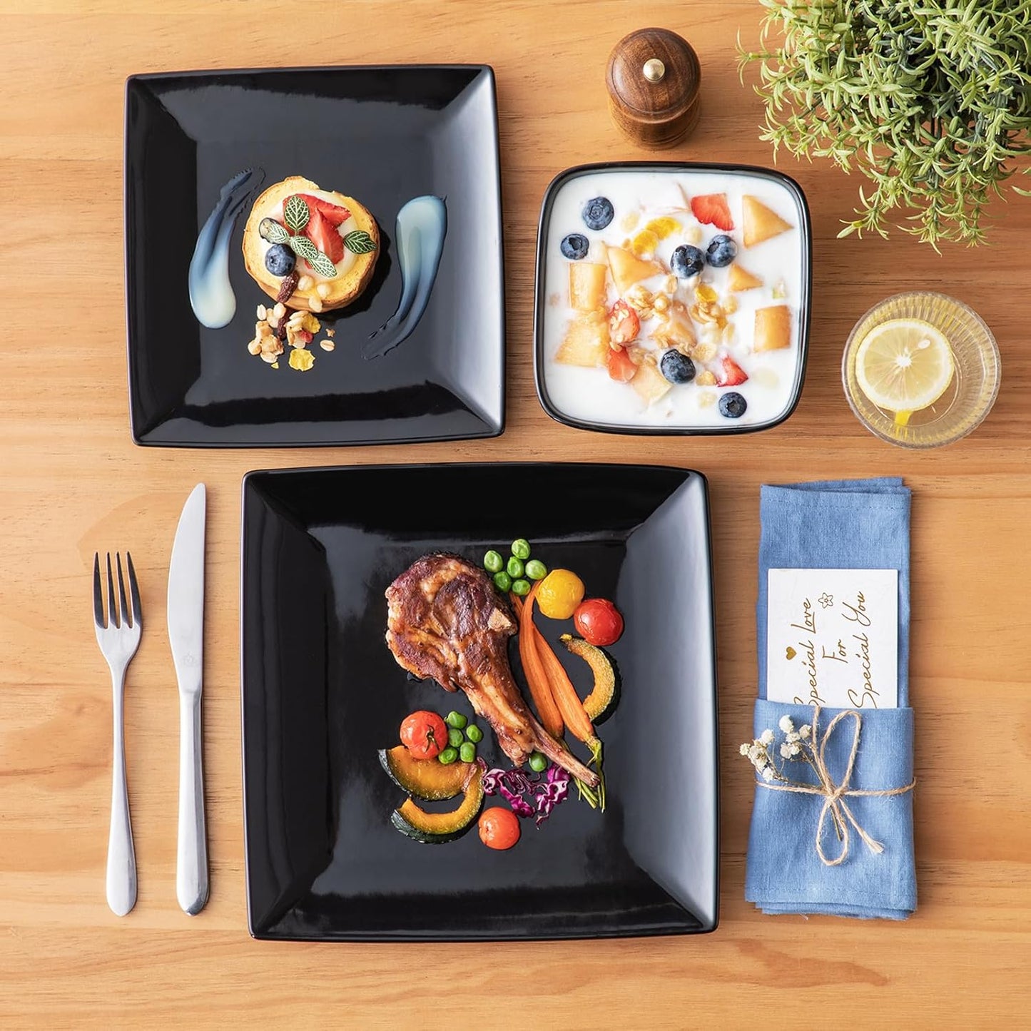 vancasso Soho Dinnerware Sets 12 Pieces, Black Stoneware Square Place Setting, Plates and Bowls Sets, Dinner Plate, Dishes Set for 4