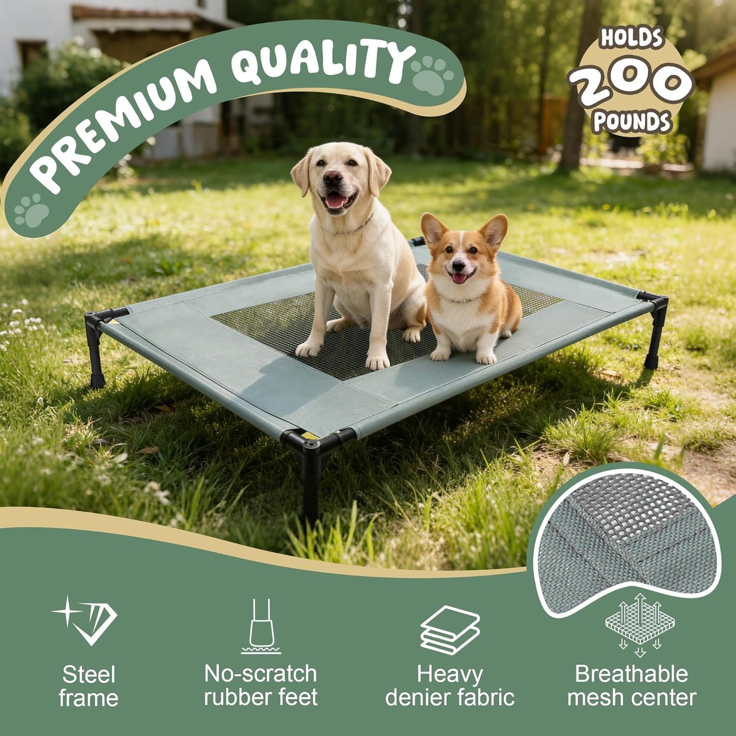 Elevated Dog Bed for Large Dogs - Outdoor Cooling Cot with Washable Breathable Mesh, Portable Raised Pet Bed with Non-Slip Feet & Waterproof Teslin, Heavy Duty & Chew Proof for Camping (Grey, Large)