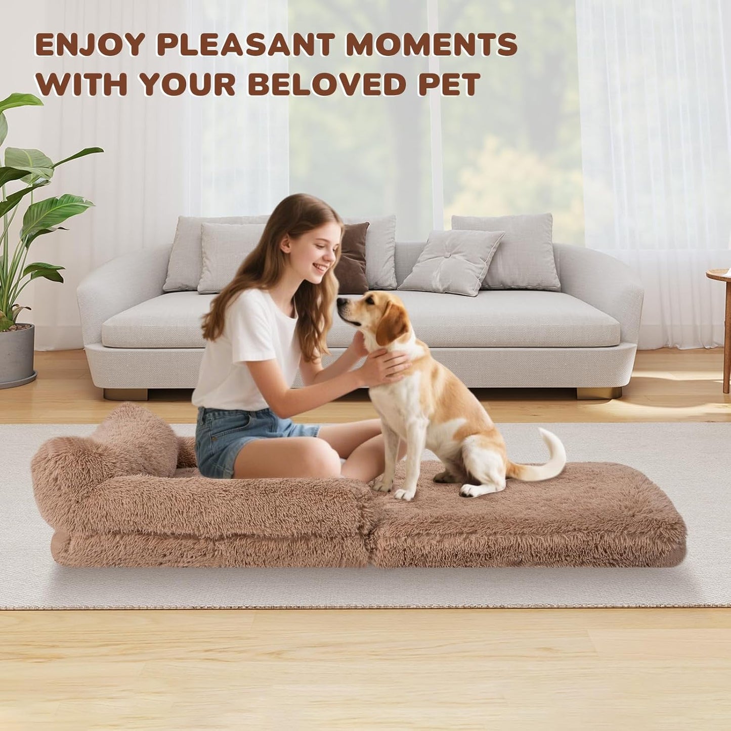 Foldable Human Dog Bed for Adults, Fluffy Human Sized with Blanket, Orthopedic Washable Dog Bed with Memory Foam and Water Repellent Liner for Pet (Brown, 72 * 44 * 10 inch)