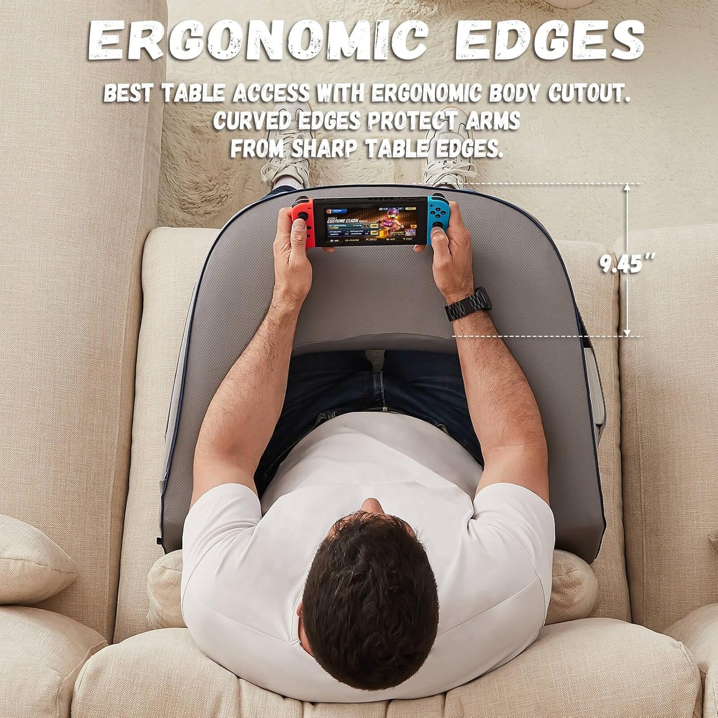 Reading Pillow with Armrests – Extra Large Memory Foam Gaming Pillow for Adult, Lap Desk for Laptop, Arm Rest for Working, Crocheting, Playing Game or Siting in Bed, Floor, Sofa, (Grey)