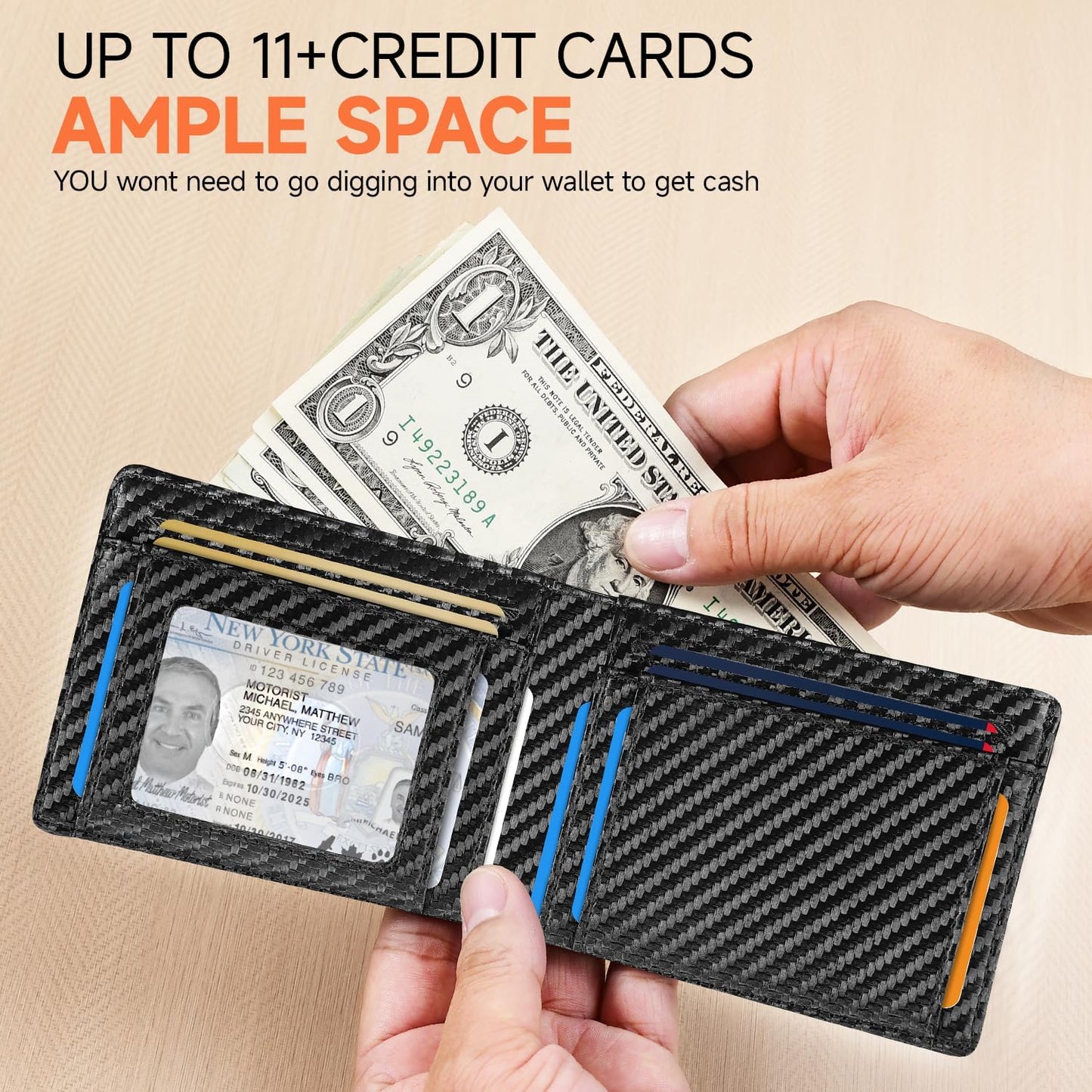 Man Slim Wallet Leather Money Clip RFID Blocking Front Pocket Minimalist Bifold Wallet Thin Credit Card Holder Carbon Black&Blue