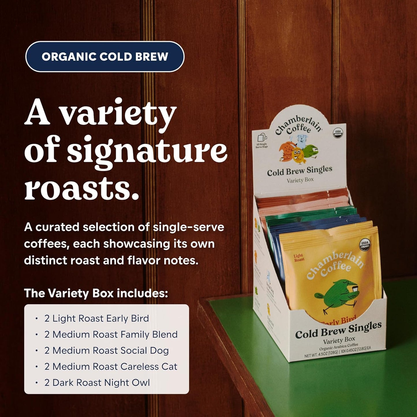 Chamberlain Coffee Organic Variety Cold Brew Singles Medium Roast – 10 Single Serve Bags w/Different Flavors - Ideal for Summer Use, at Home, Camping, or Travel - Coffee Gift Set for Any Occasion