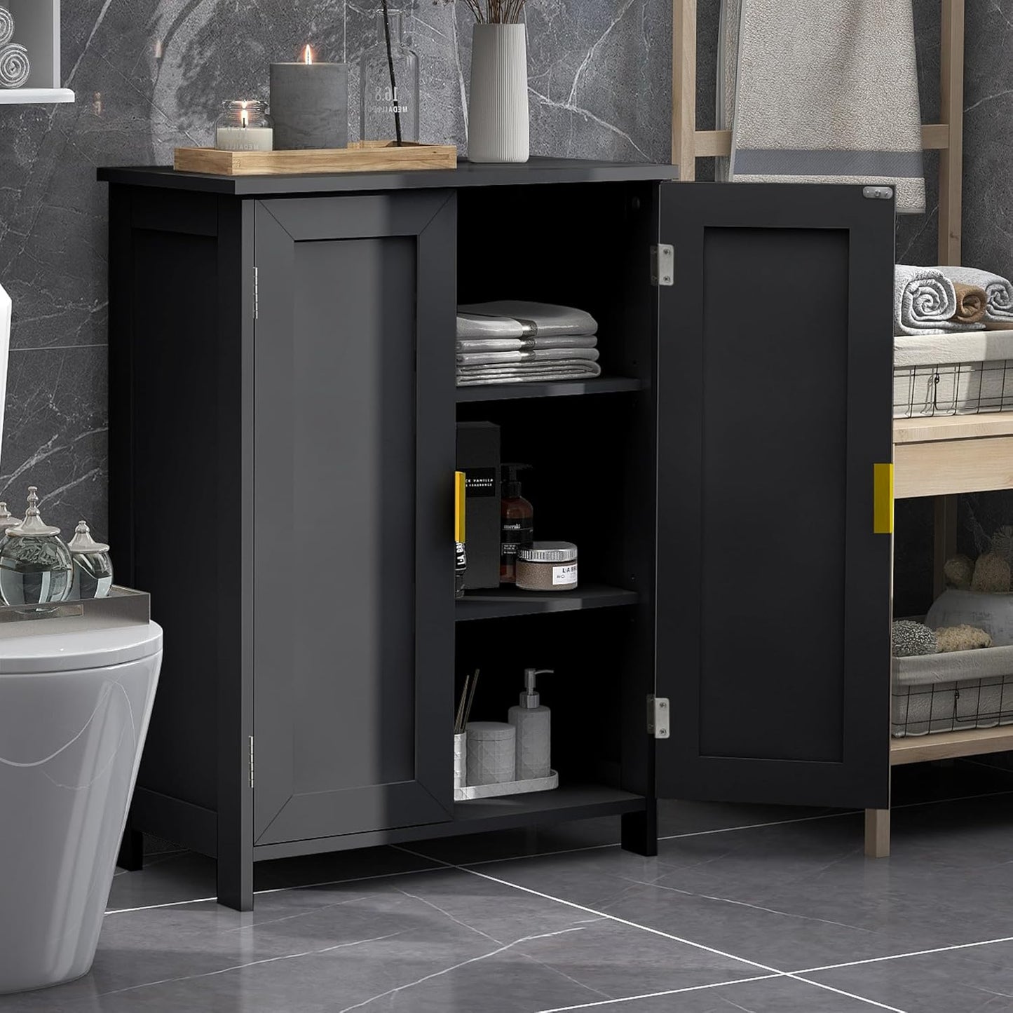 TaoHFE Black Bathroom Storage Cabinet,Bathroom Cabinets Freestanding with 2 Doors,Towel Cabinet for Bathrooms,Restroom Cabinets,Small Storage Cabinet for Office,Restaurant,Living Room