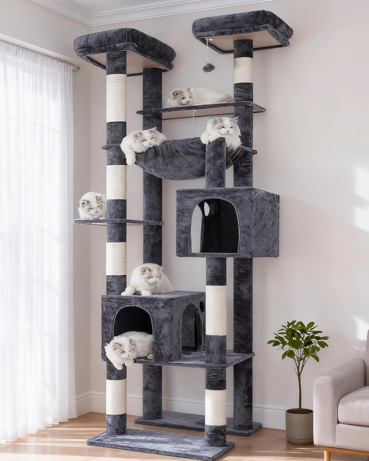 Hey-brother Tall Cat Tree Tower, Heavy Duty Scratching Posts with Large Platforms, Cozy Condos, Big Hammock, Toy Balls, Multi-Level Furniture for Indoor Adult Cats, 80.7 Inches, Smoky Gray MPJ039G