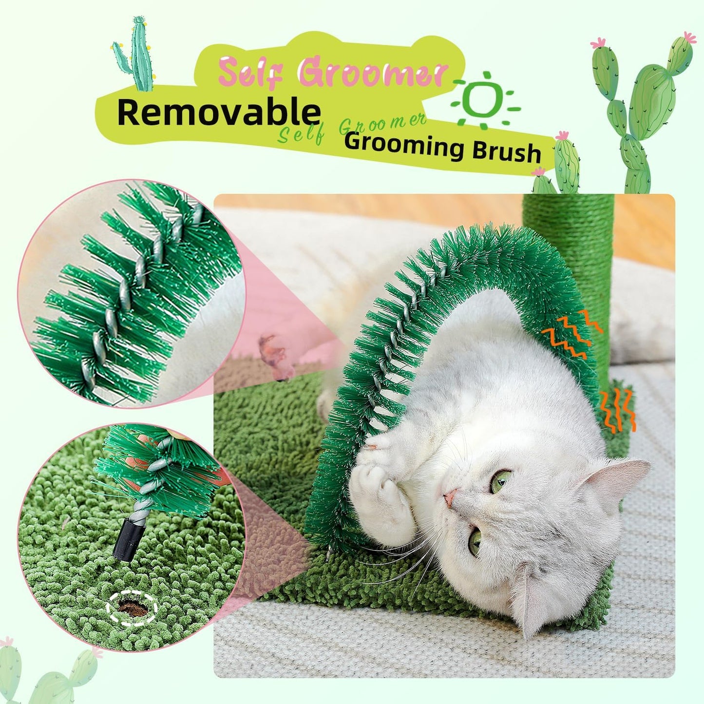 PAWZ Road Cactus Cat Tree, 33 Inchs Cat Tower with Cat Self Groomer, Soft Hammock and Fully Wrapped Sisal Scratching Post for Indoor Cats
