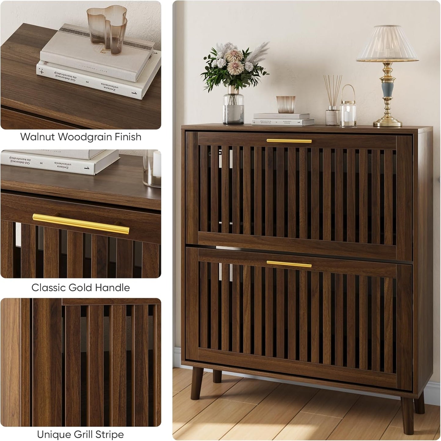 31.5" W Shoe Cabinet Storage for Entryway with 2 Flip Drawers, Shoe Cabinet with Slatted Panel, Hidden Shoe Rack Freestanding Slim Shoes Organizer for Hallway, Entrance, Walnut