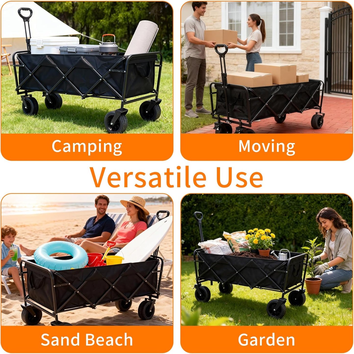 49" Extra Long Wagons Carts Foldable, 440 LBS Large Capacity Collapsible Wagon Heavy Duty with Wheels, Portable Utility Folding Wagon for Beach, Garden & Camping