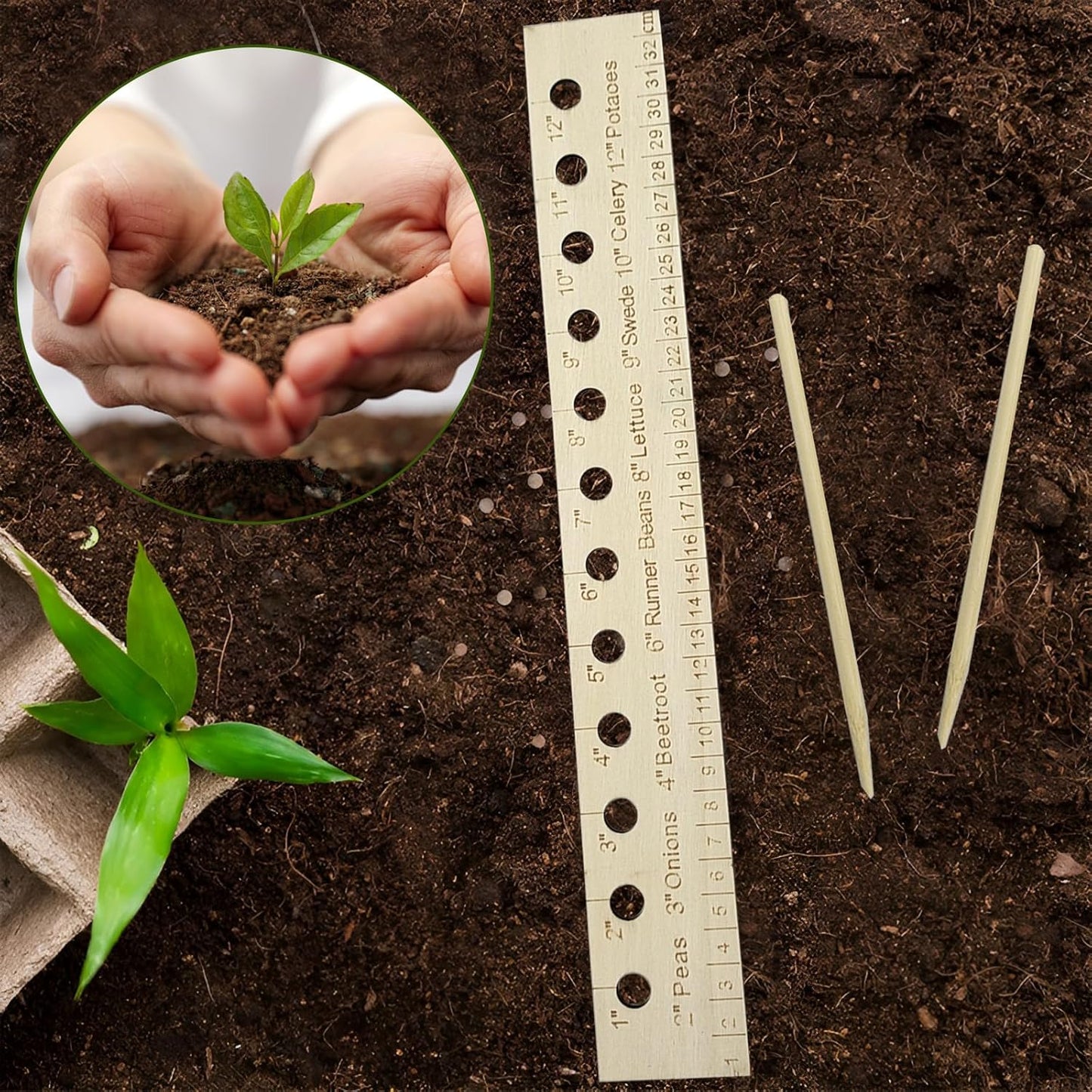 Garden Seed Spacer Planting Ruler, Precision Seed Spacer & Ruler with Holes and Plant Dibber, Wooden Measuring Tool for Seedlings, Vegetable Planting Template