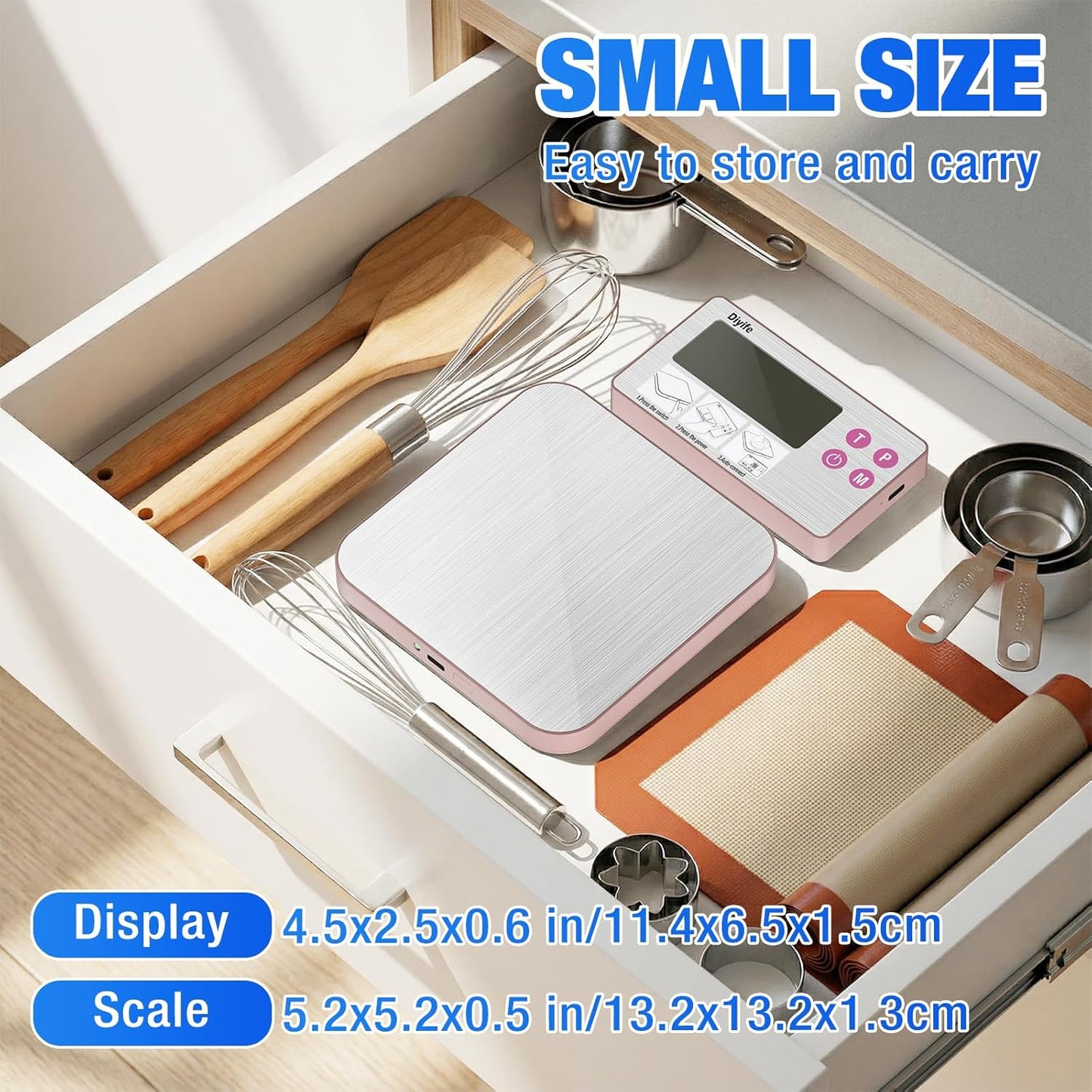 33lb Rechargeable Kitchen Scale, Diyife 304 Stainless Steel Food Scale with Detachable Display, 1g/0.1oz Precise Graduation, Magnetic, Backlit LCD, Tilt Stand, for Baking, Cooking, Meal Prep (Pink)
