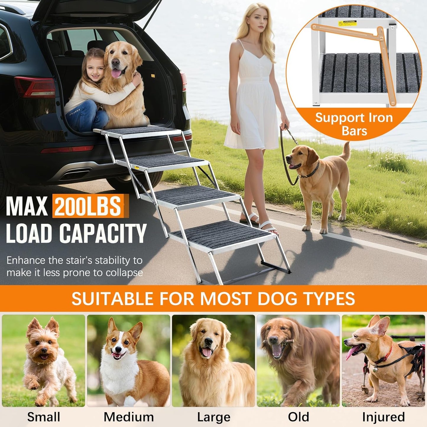 Dog Stairs for Large Dogs - 20" Extra Wide 4-Step Foldable Dog Ramp for Car/SUV/Truck & High Beds - Supports Large Dogs up to 200Lbs