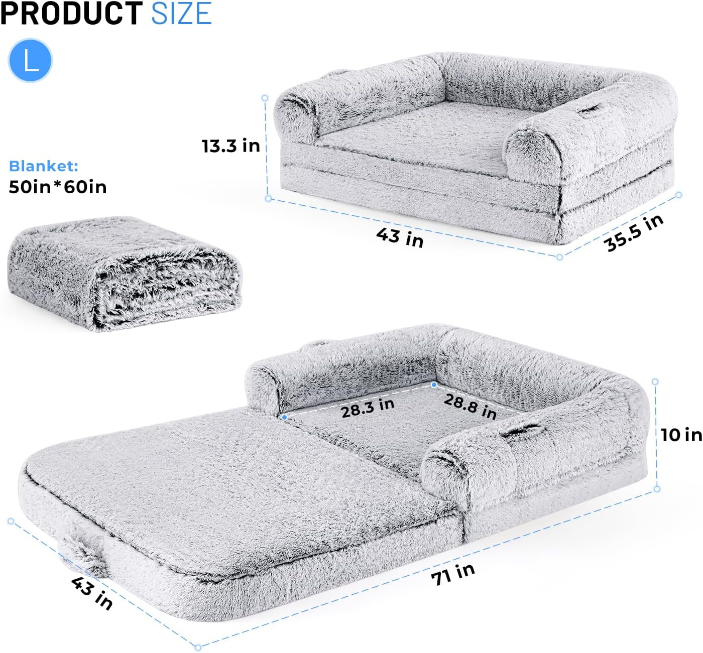 Human Dog Bed for Adult, 2 in 1 Foldable Giant Dog Bed for People Fits Pet Families, Egg Foam Supportive Mat, Waterproof Liner, Faux Fur Human Size Pet Bed with Blanket, 71"x43"x10", Grey