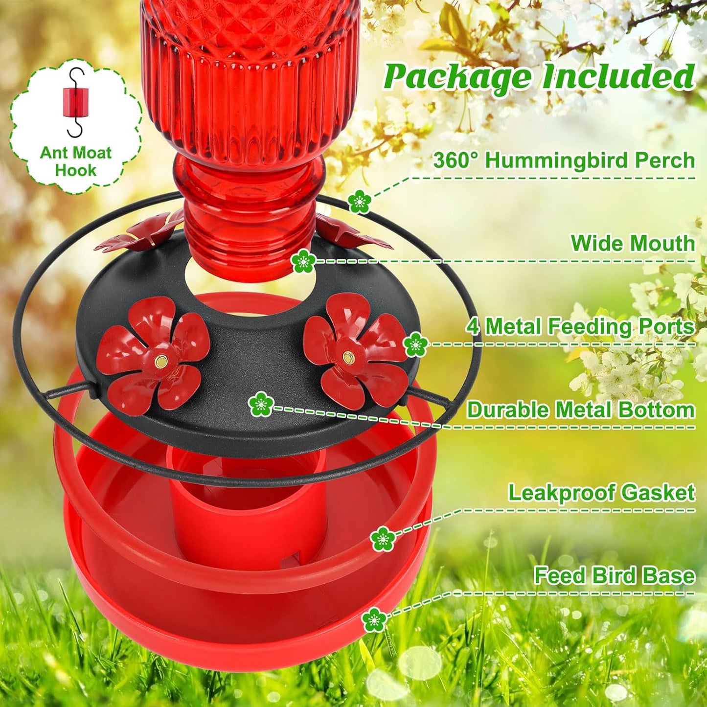 FEED GARDEN Glass Hummingbird Feeder, 16oz Outdoor Hanging Bird Feeder with Ant Moat, 4 Bee-Proof Feeding Ports, 360° Perch, Leak-Proof, Red
