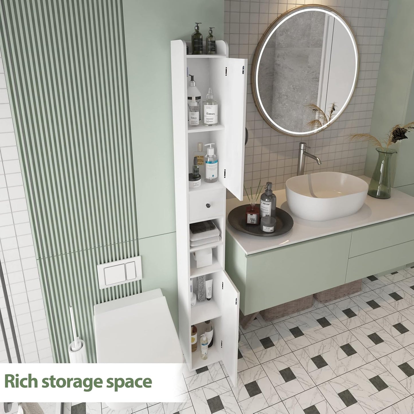 Tall Bathroom Storage Cabinet with Adjustable Shelves, Narrow Storage Cabinet with 2 Doors, Drawer, Toilet Paper Holder, Slim Storage Cabinet for Small Space, Kitchen, Laundry, Entryway, White
