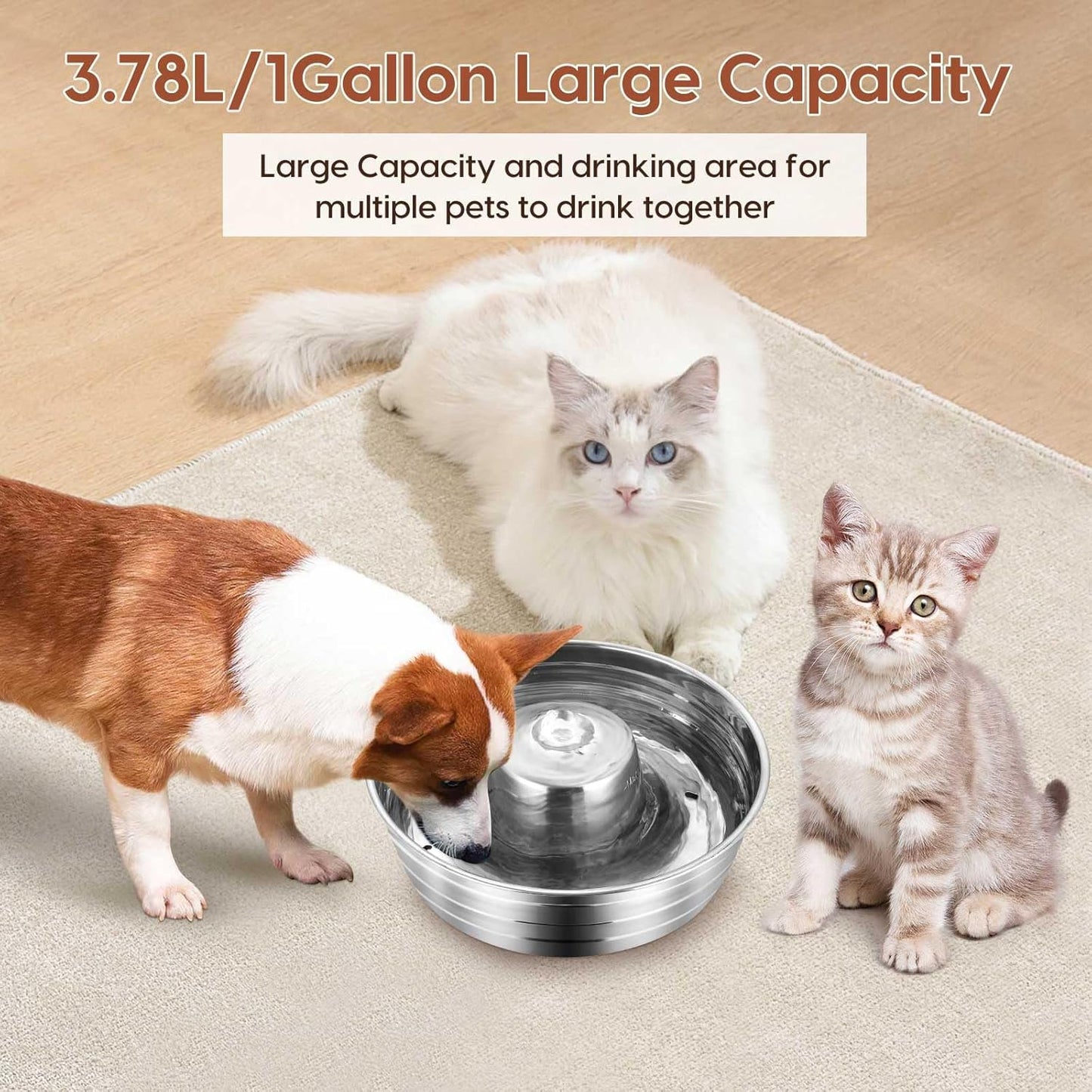 Ofat Home Dog Water Fountain, 128oz/1Gal/3.78L Stainless Steel Pet Water Fountain, Large Dog Water Fountain, Easy to Assemble and Clean with Ultra-Quiet Pump for Cat, Dogs, Multiple Pets
