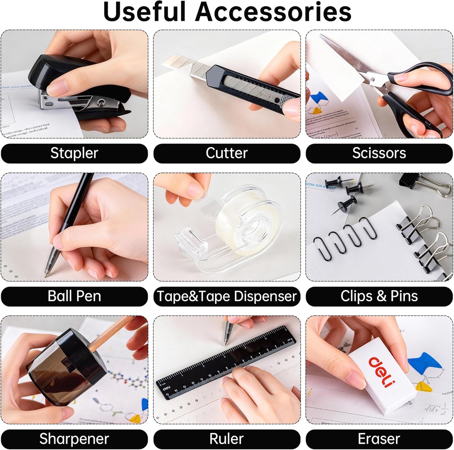 deli Office Supplies Set, 1045 Pcs-Desk Accessory Organizer Kit, Stapler Set, Rotating Multi-Functional Pen Holder, Tape Dispenser, Pens, Binder Clips, Sharpener, Scissor, Eraser, Black