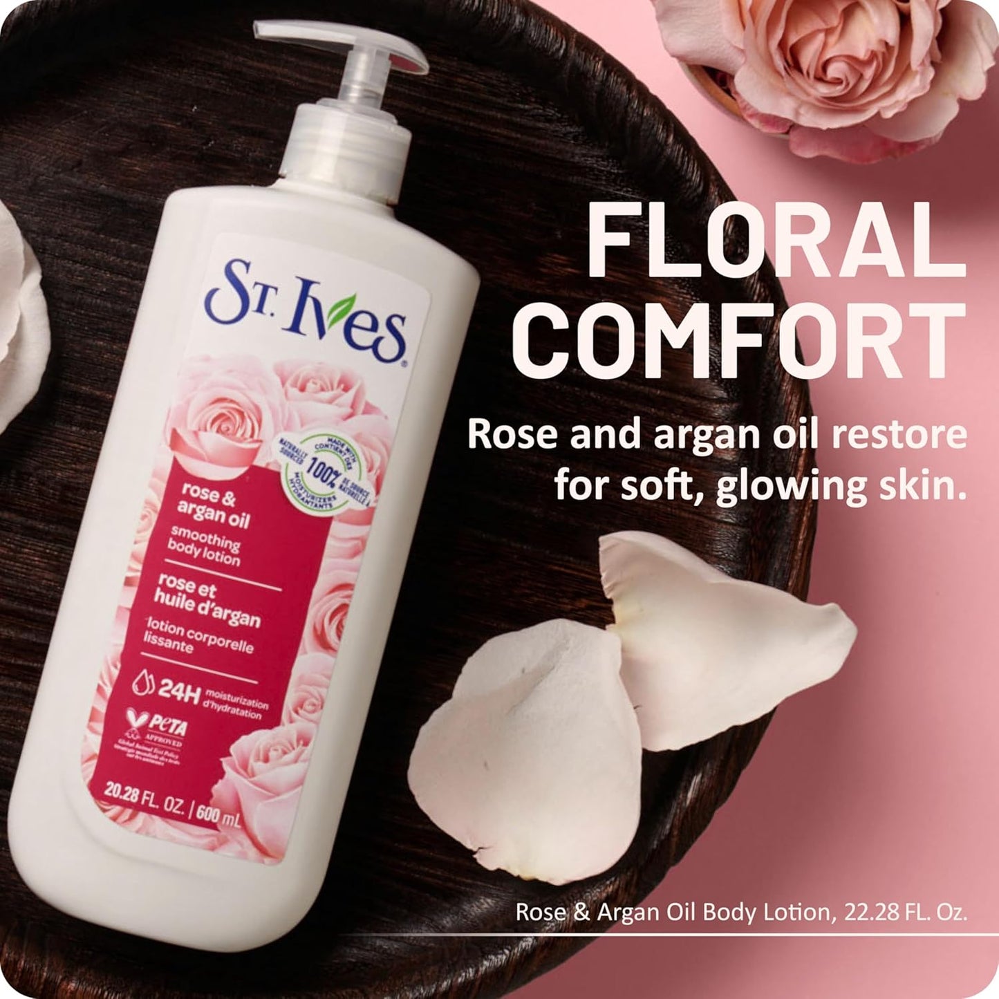 St. Ives Smoothing Hand & Body Lotion for Women with Pump, Daily Moisturizer Rose and Argan Oil for Dry Skin, Made with 100% Natural Moisturizers, 21 fl oz, 4 Pack