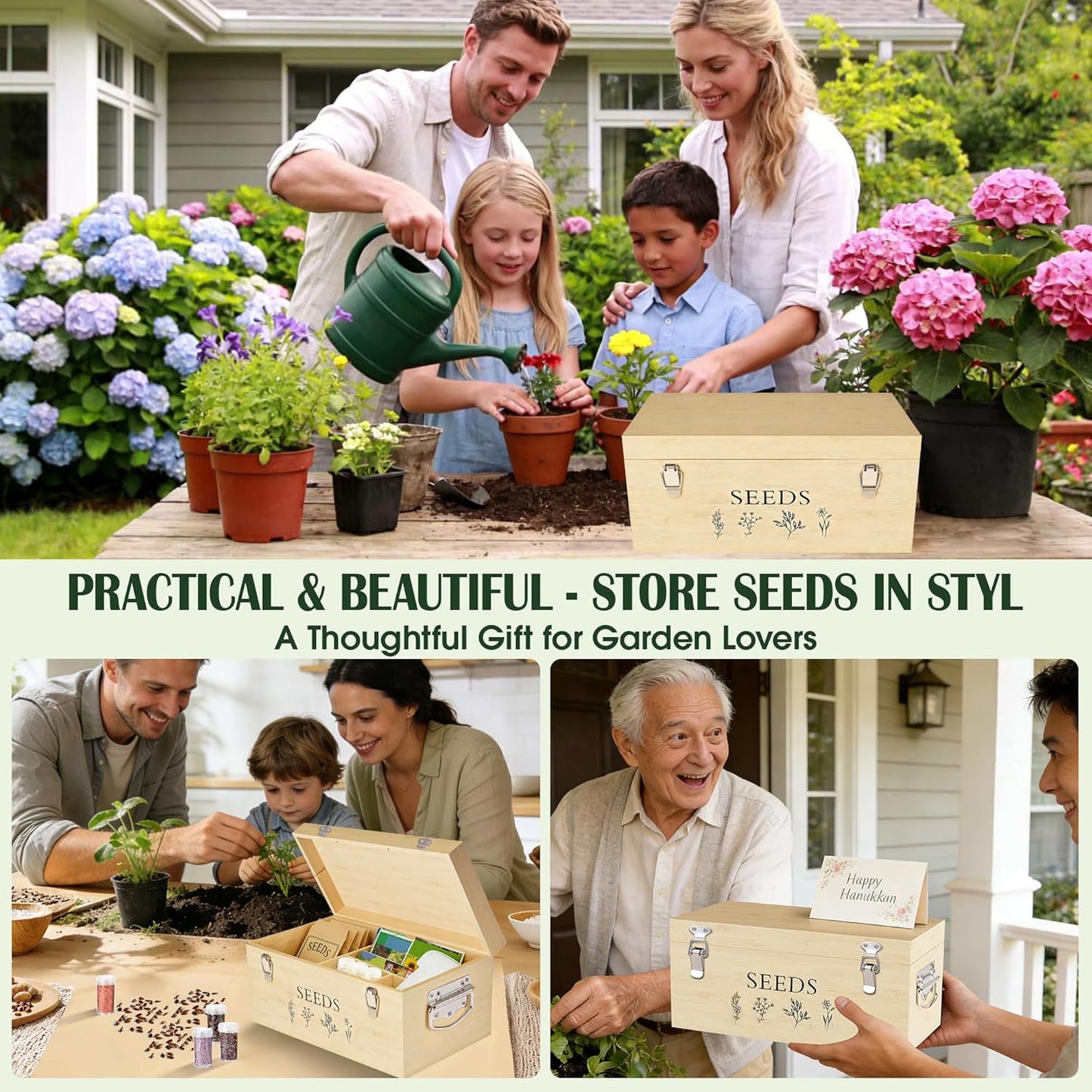 Bamboo Seed Storage Organizer, Large Garden Seed Organizer with Lid & Safety Lock & Handles, Seed Box Storage Organizer Includes Seed Envelopes and Labels etc, Great Gifts Gardening Kit (Wood)