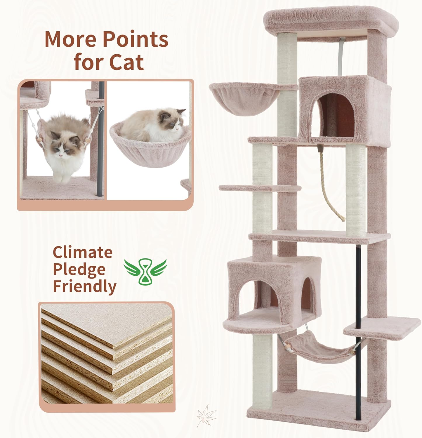 Cat Tree for Indoor Cats Large Adult, 70.5'' Cat Tower with Scratching Post, Sturdy Steel Pube Cat Tree Tower with Large Playing Platfrom, Hammock and Basket, Top Perch, Mushroom GCT024MU