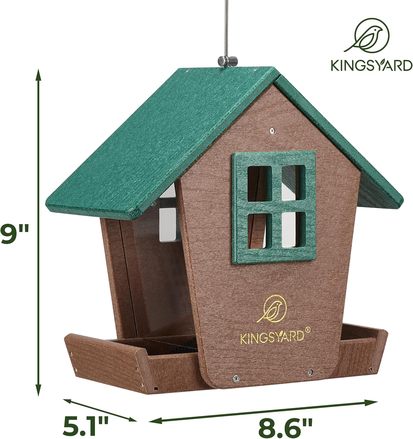 Kingsyard 4 lbs Large Bird Feeder House for Outdoors Hanging, Recycled Plastic Bird Feeder Hopper with Weatherproof Roof & Capacity Tray for Cardinal Bluebird, Garden Yard Outside Decor, Green