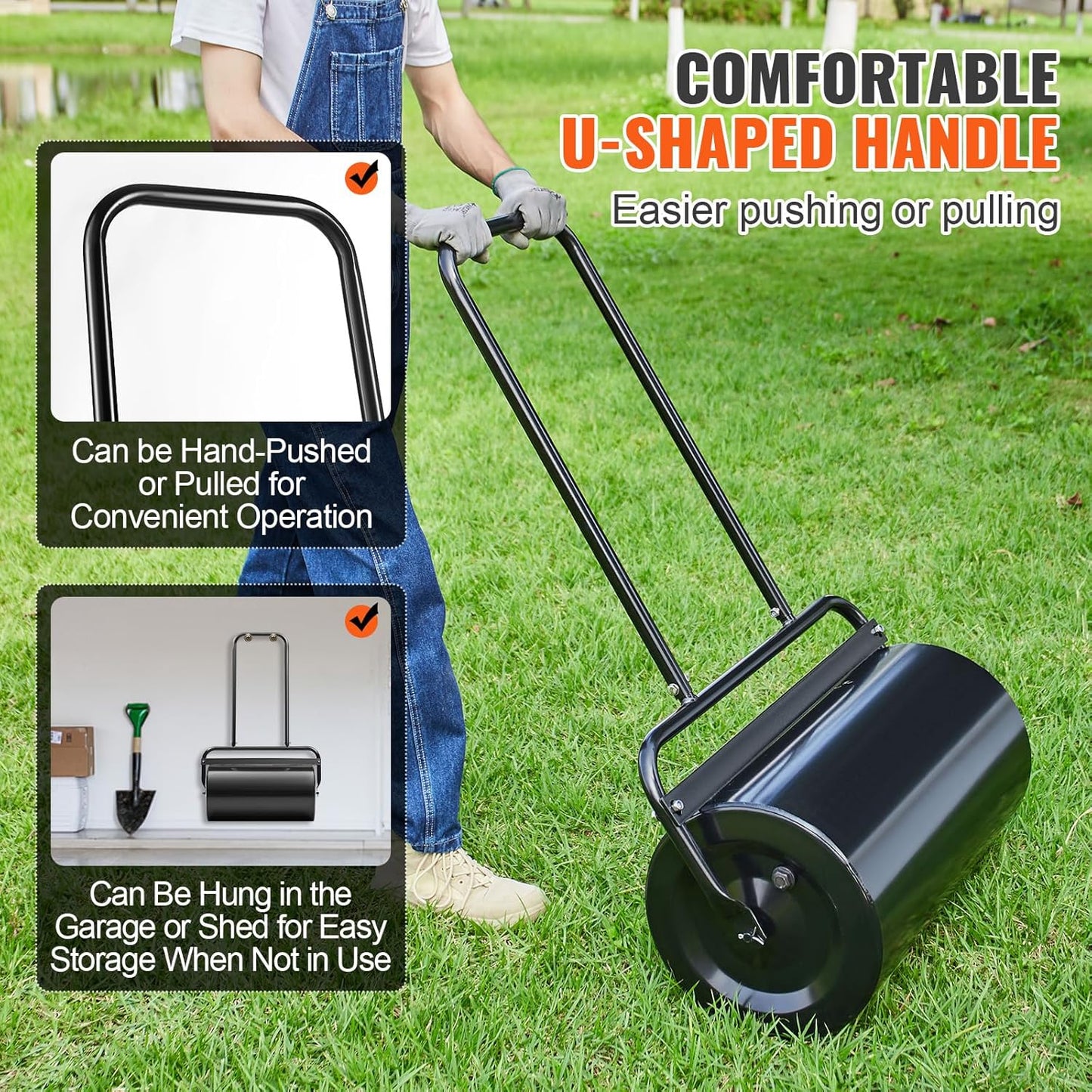 VEVOR Lawn Roller 13 Gallon Large Capacity Sand/Water Filled, Heavy Duty Steel Material, with Easy-Turn Plug and U-Shaped Ergonomic Handle for Convenient Push and Pull, for Garden, Farm, Park, Black